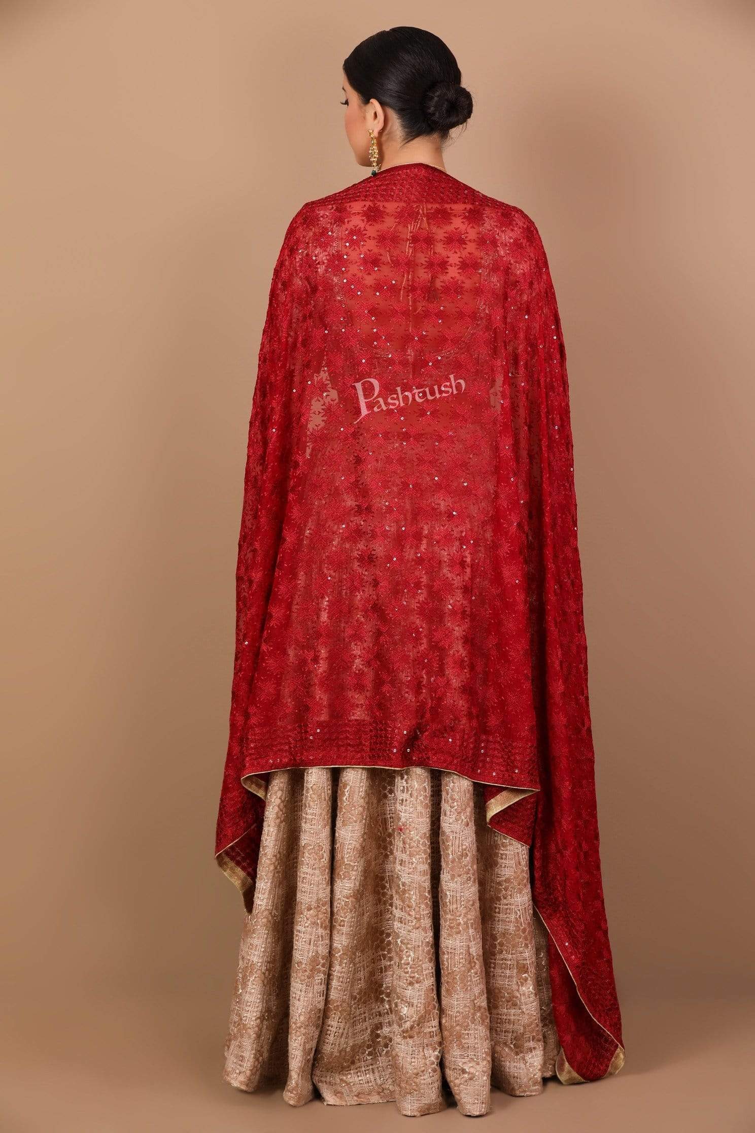 Pashtush Womens Chiffon Phulkari Dupatta, Red - Image 3