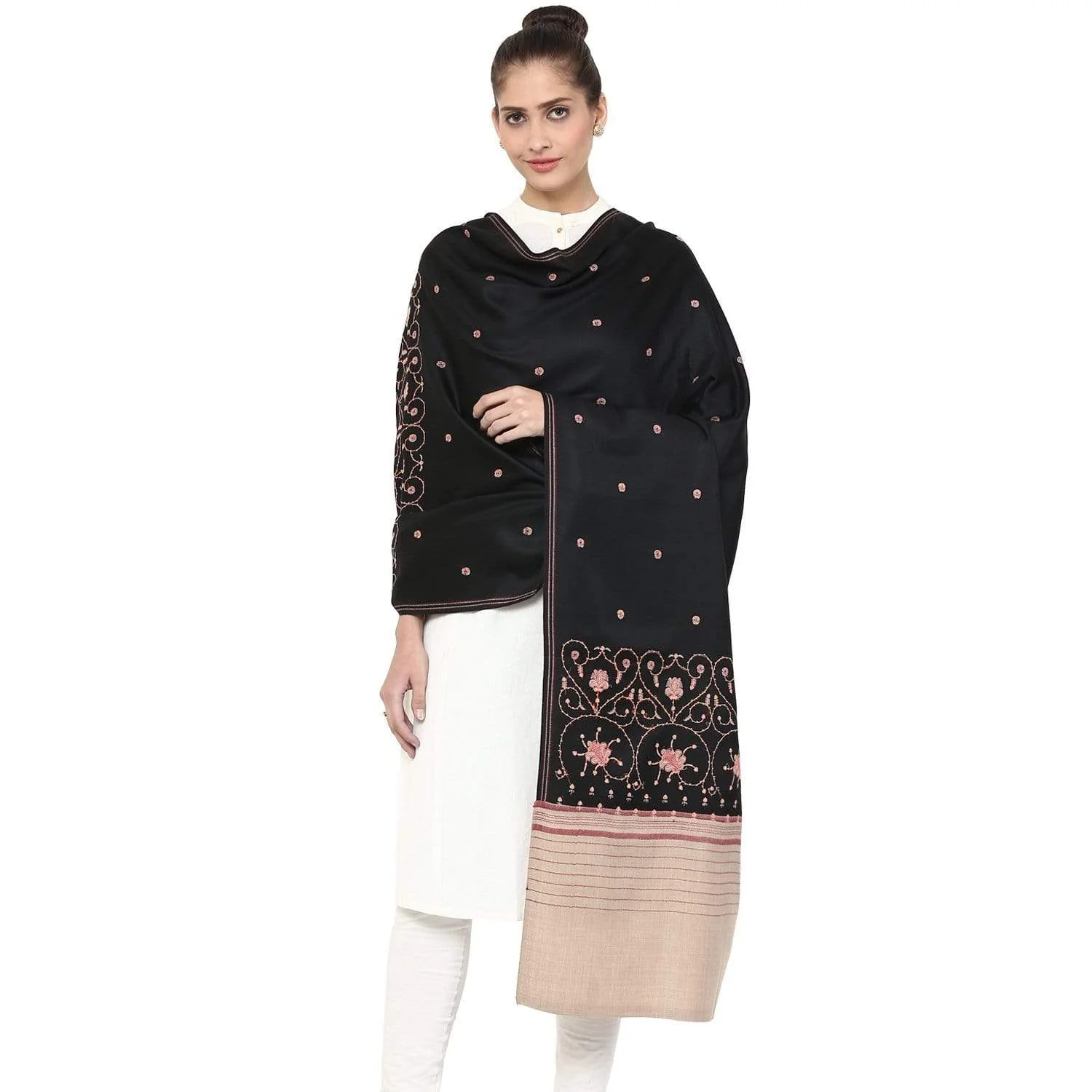 Pashtush Women'S Embroidered Motif Wool Shawl With Palla Black - Image 2
