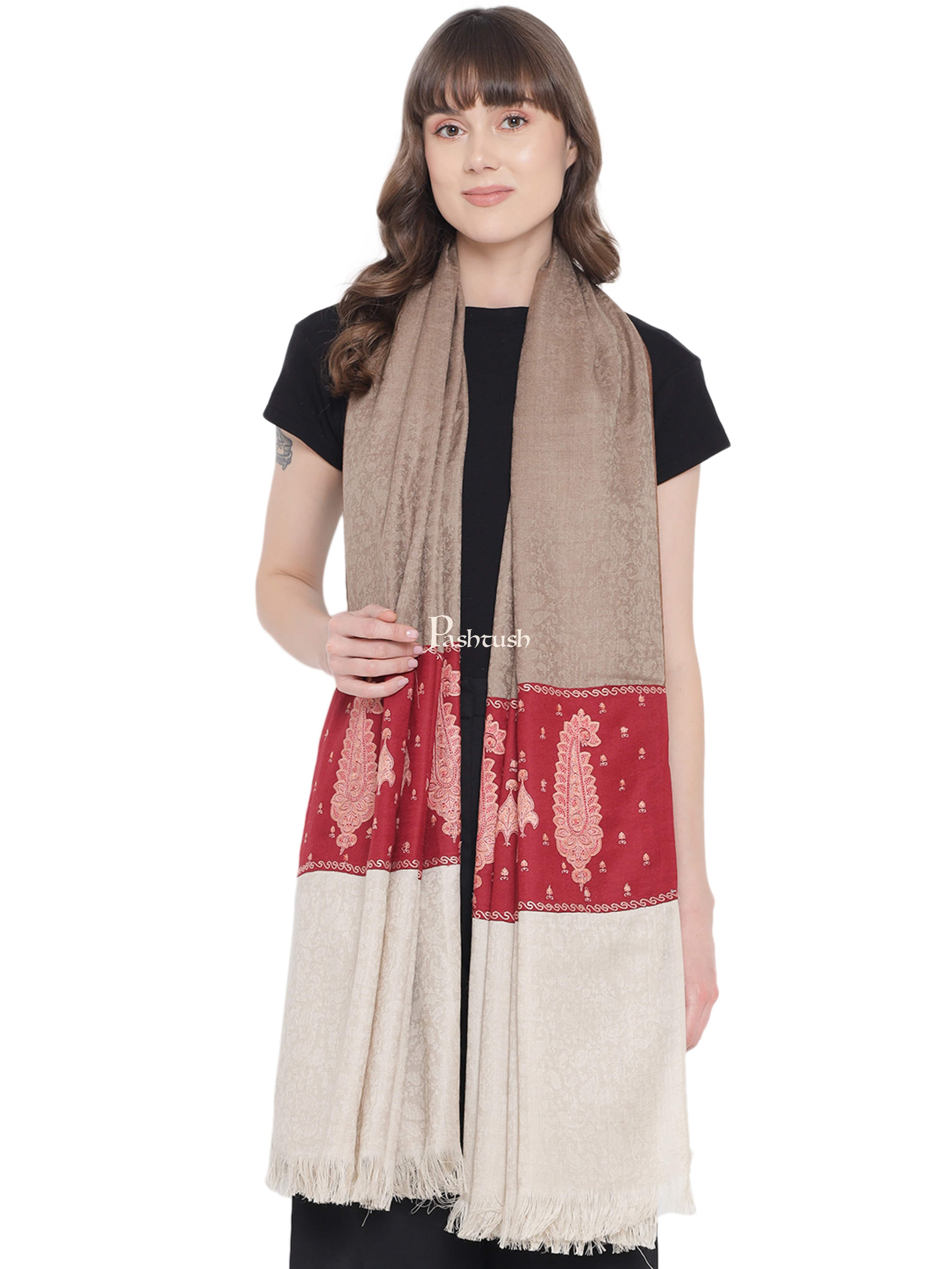 Pashtush Womens Embroidery Shawl, Fine Wool, Paiseley Stitched Palla, Beige and Maroon - Image 5