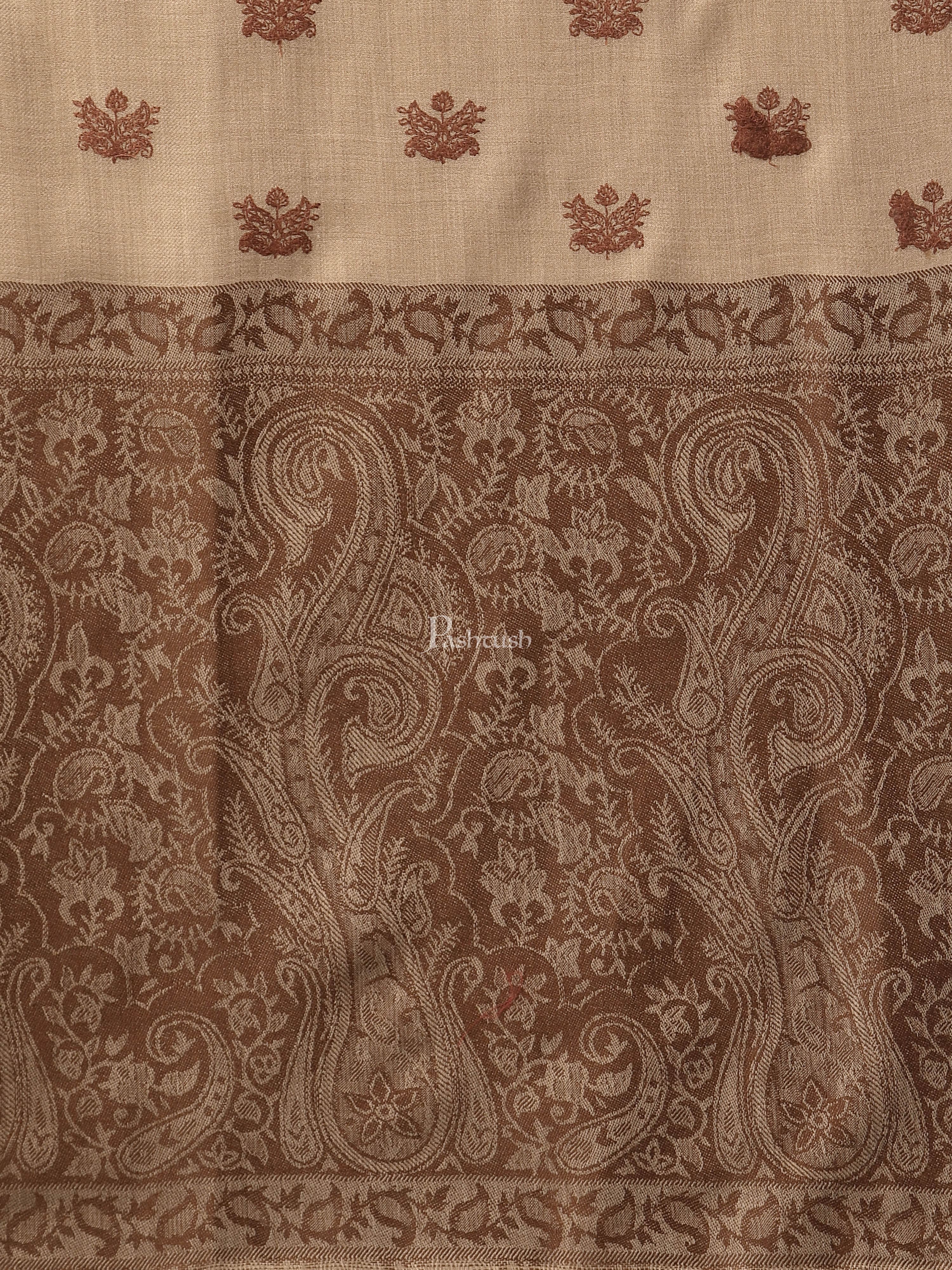 Pashtush Womens Embroidery Shawl, Jaal Design, Fine Wool, Beige and Emerald brown - Image 2