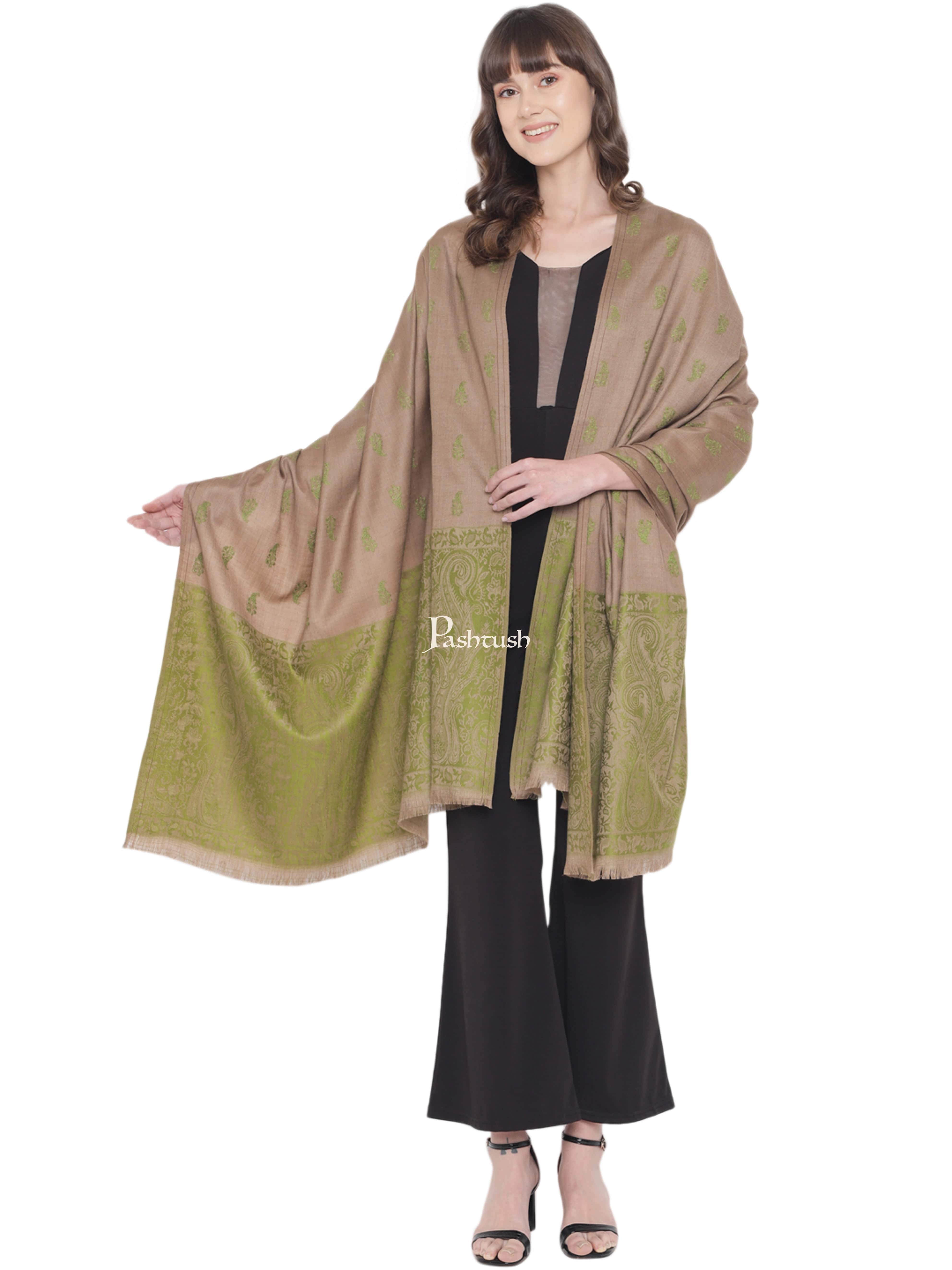 Pashtush Womens Embroidery Shawl, Jaal Design, Fine Wool, Beige and Emerald Green - Image 4