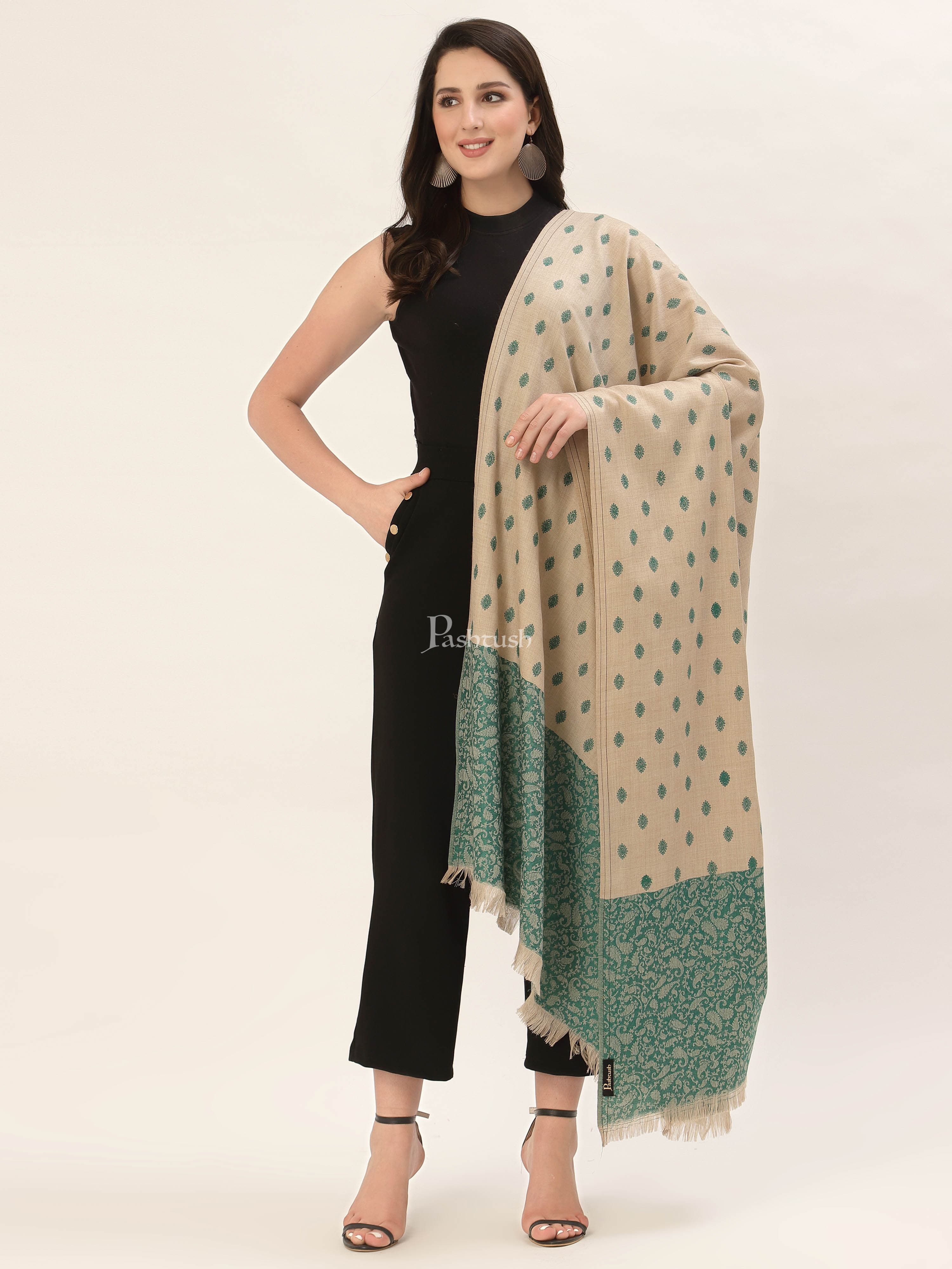 Pashtush Womens Embroidery Shawl, Jacquard Palla, Fine Wool, Beige and Green - Image 5