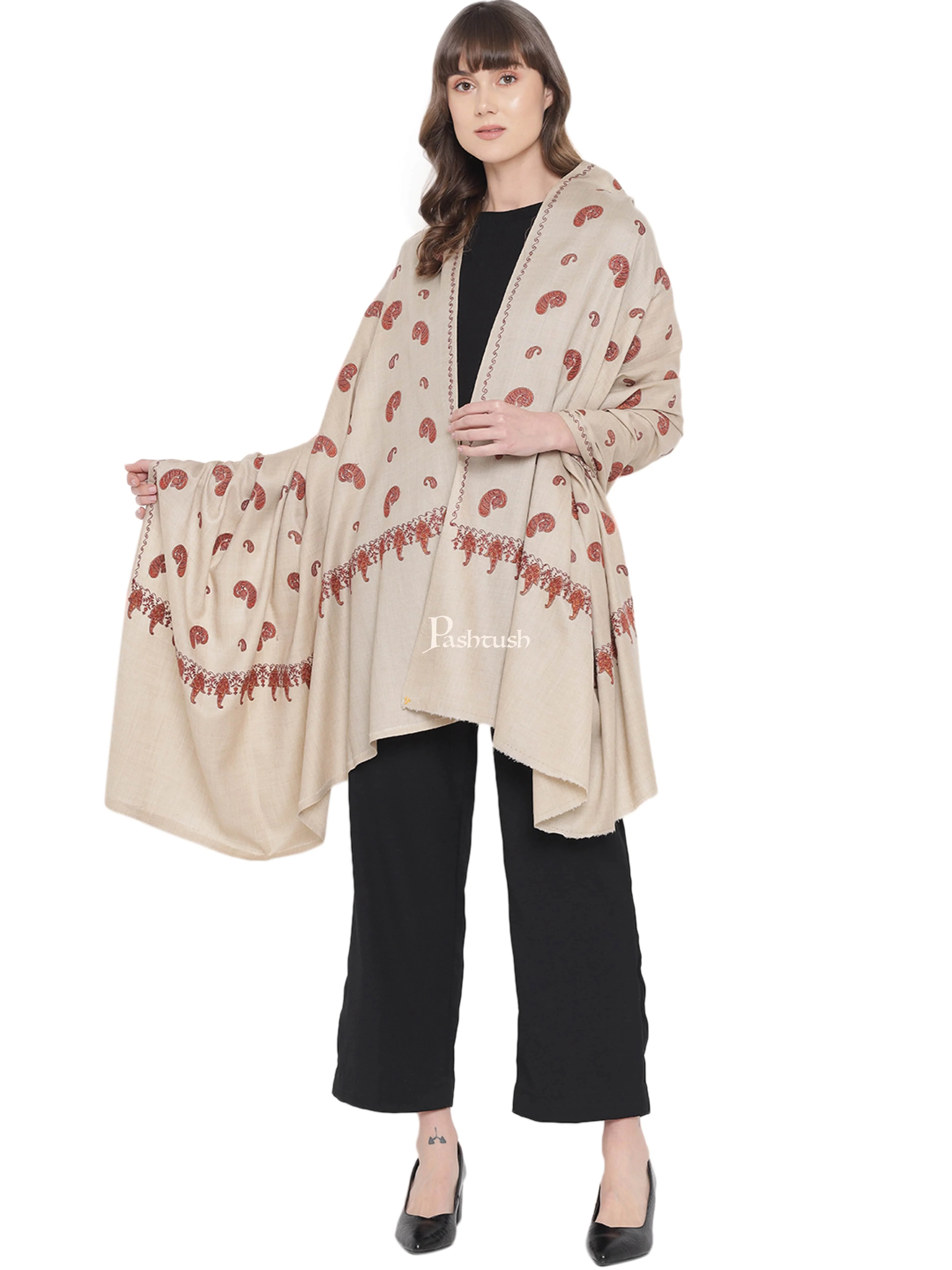 Pashtush Womens Embroidery Shawl, Khakikar, Booti Jaal, Fine Wool, Beige - Image 4
