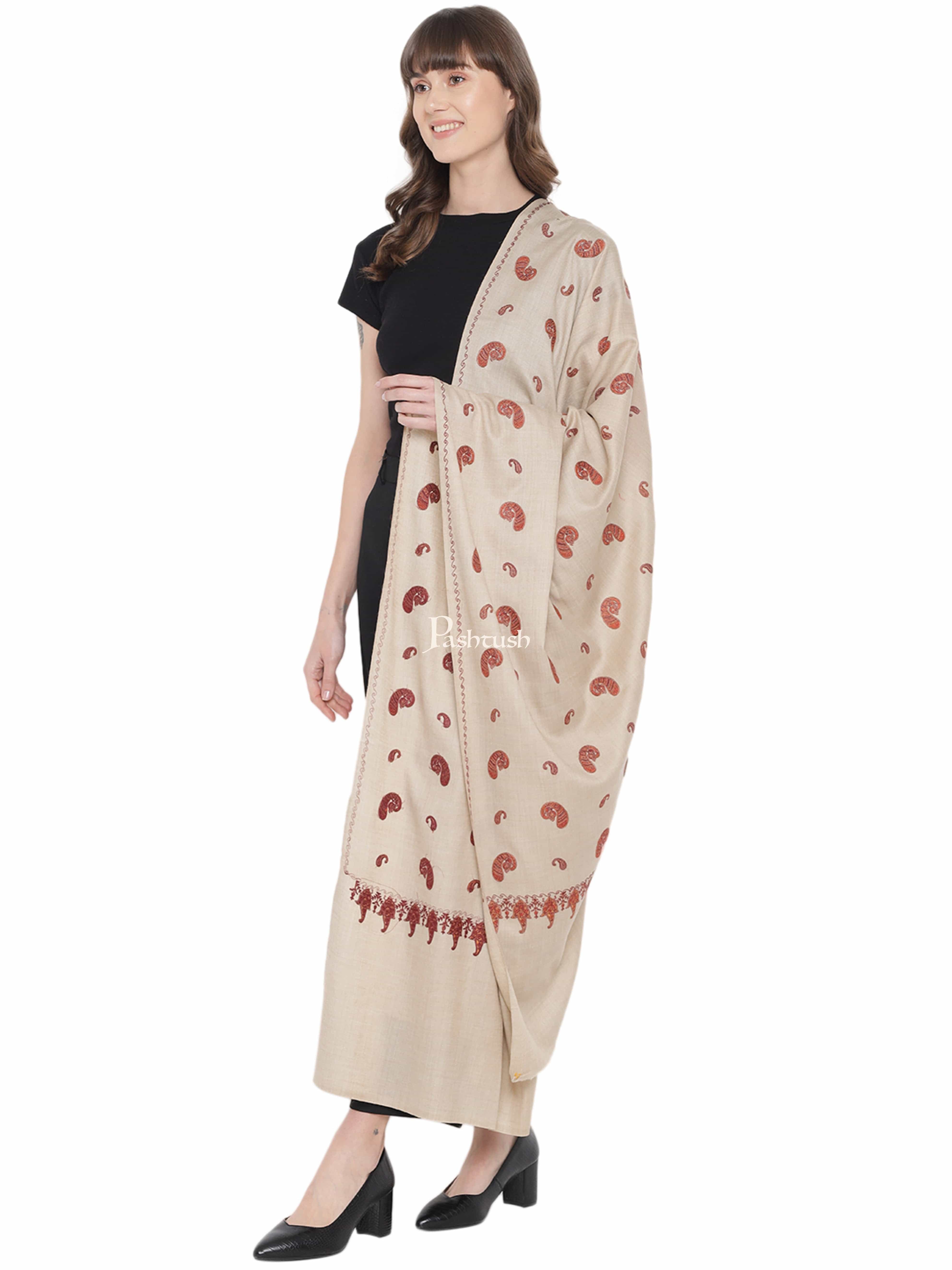 Pashtush Womens Embroidery Shawl, Khakikar, Booti Jaal, Fine Wool, Beige - Image 5
