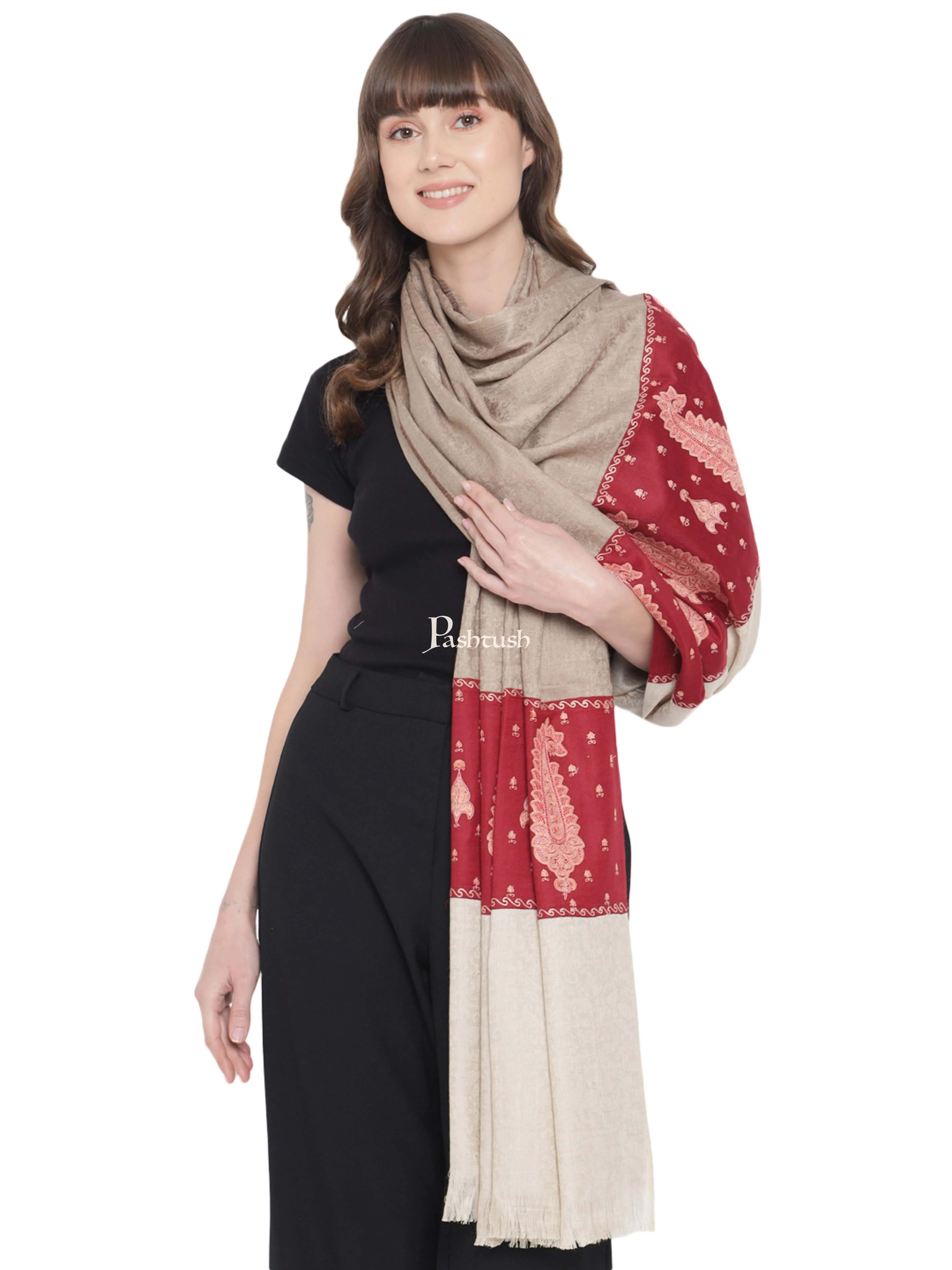 Pashtush Womens Embroidery Shawl, Paiseley Stitched Palla, Beige and Maroon - Image 5