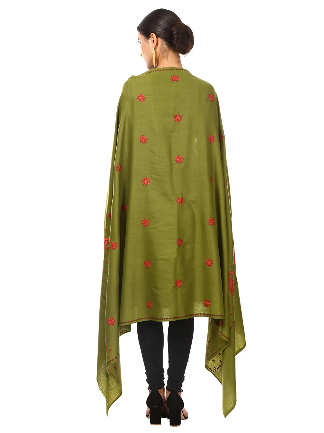 Pashtush Women'S Embroidery Wool With Palla Embroidery Paisley Design Olive Green - Image 4