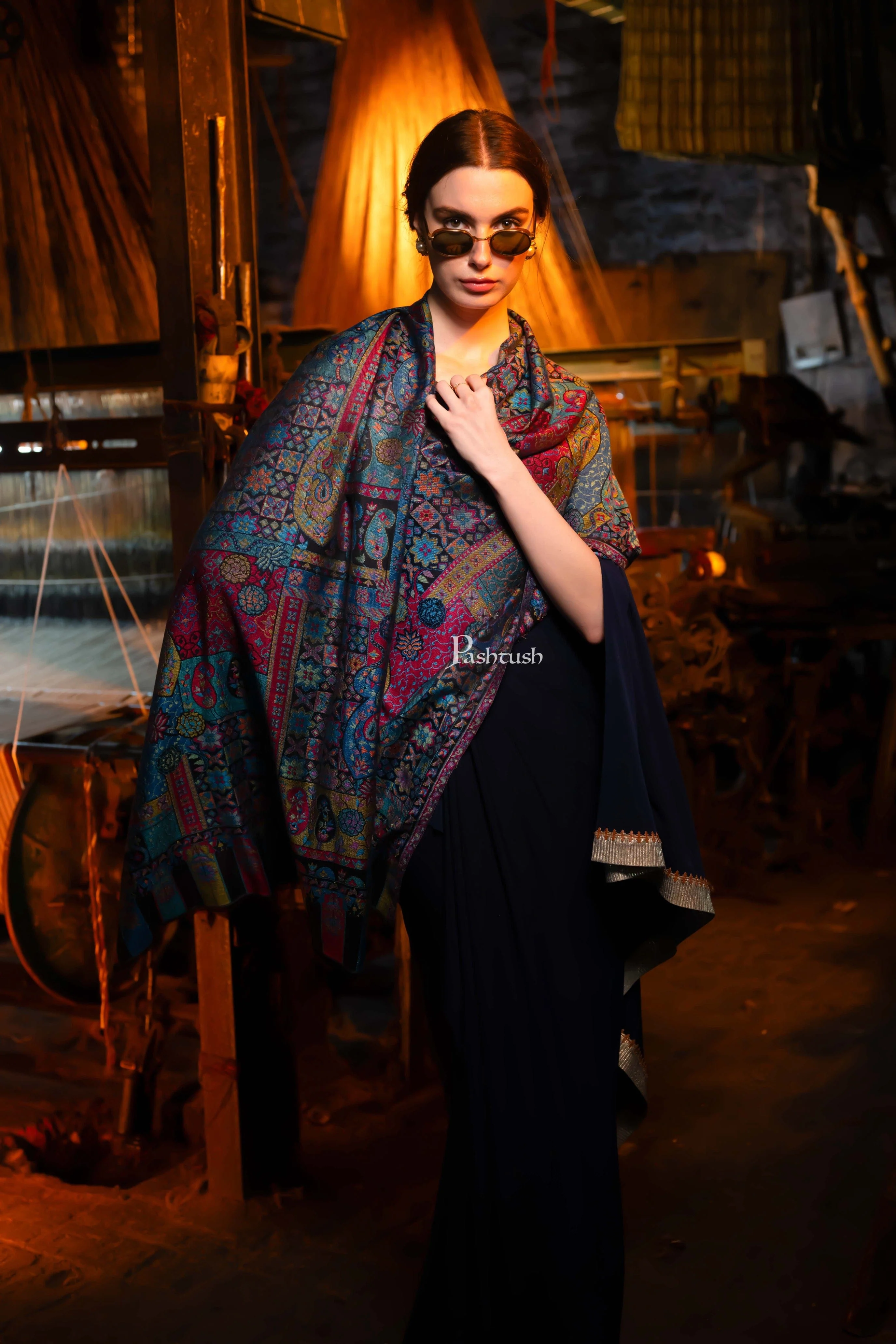 Pashtush Women's Ethnic Design, Soft Bamboo Scarf, Stoles, Wraps, Black - Image 4