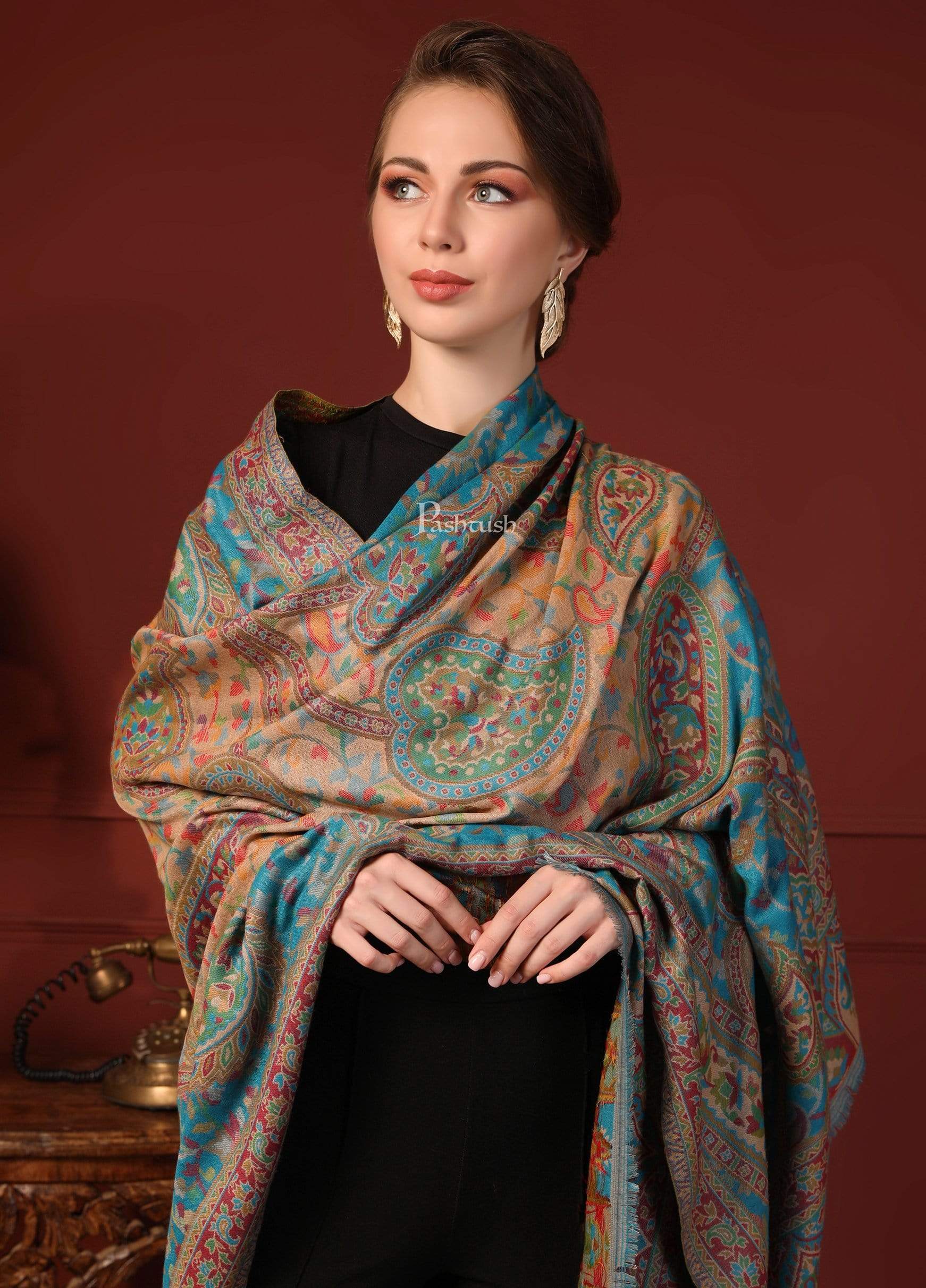 Pashtush Womens Ethnic Shawl, Faux Pashmina, Soft And Warm, Arabic Blue - Image 5