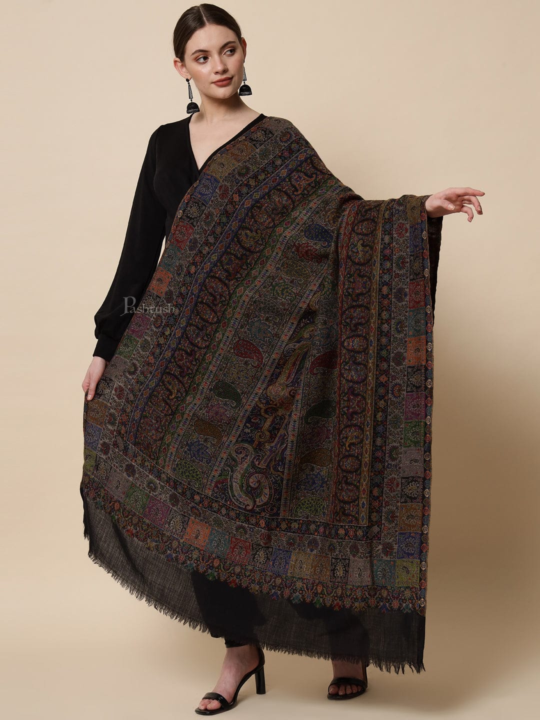 Pashtush Womens Extra Fine Ethnic Shawl, Pure Wool, Woolmark Certificate, Multicolour - Image 6