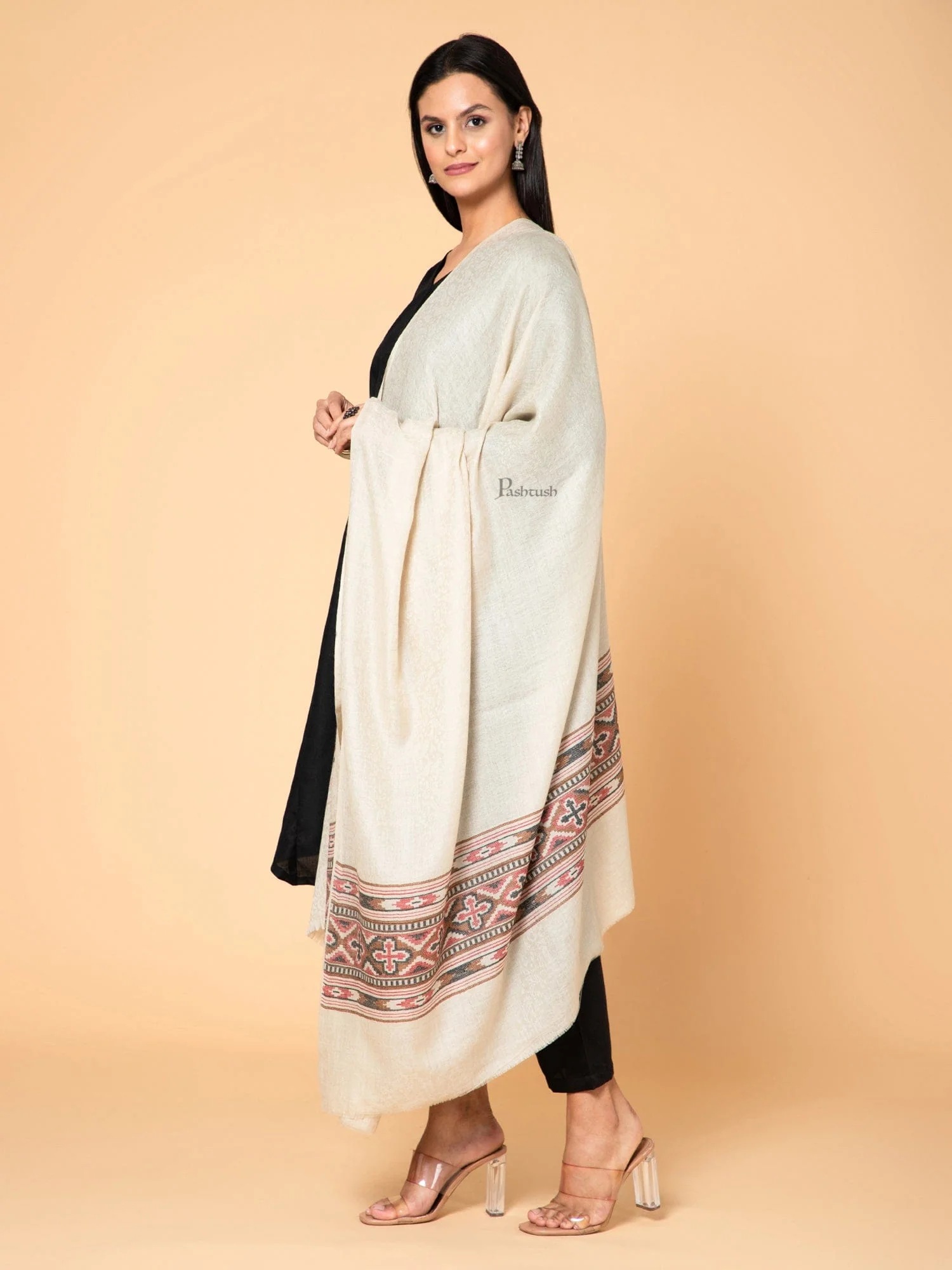Pashtush Womens Extra Fine Wool Shawl, Aztec Weave Design, Beige - Image 3