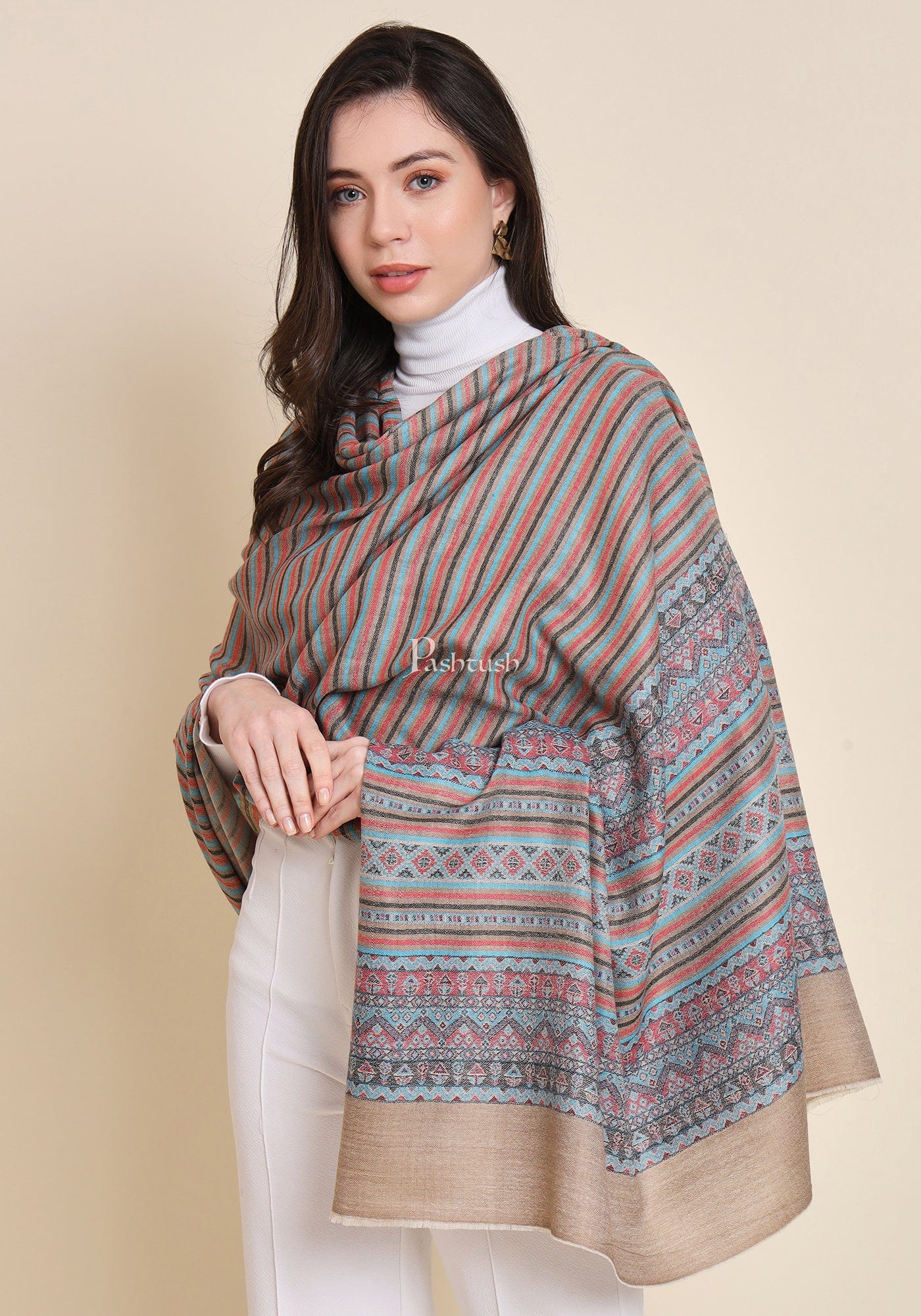 Pashtush Womens Extra Fine Wool Shawl, Aztec Weave Design, Multicolour - Image 3