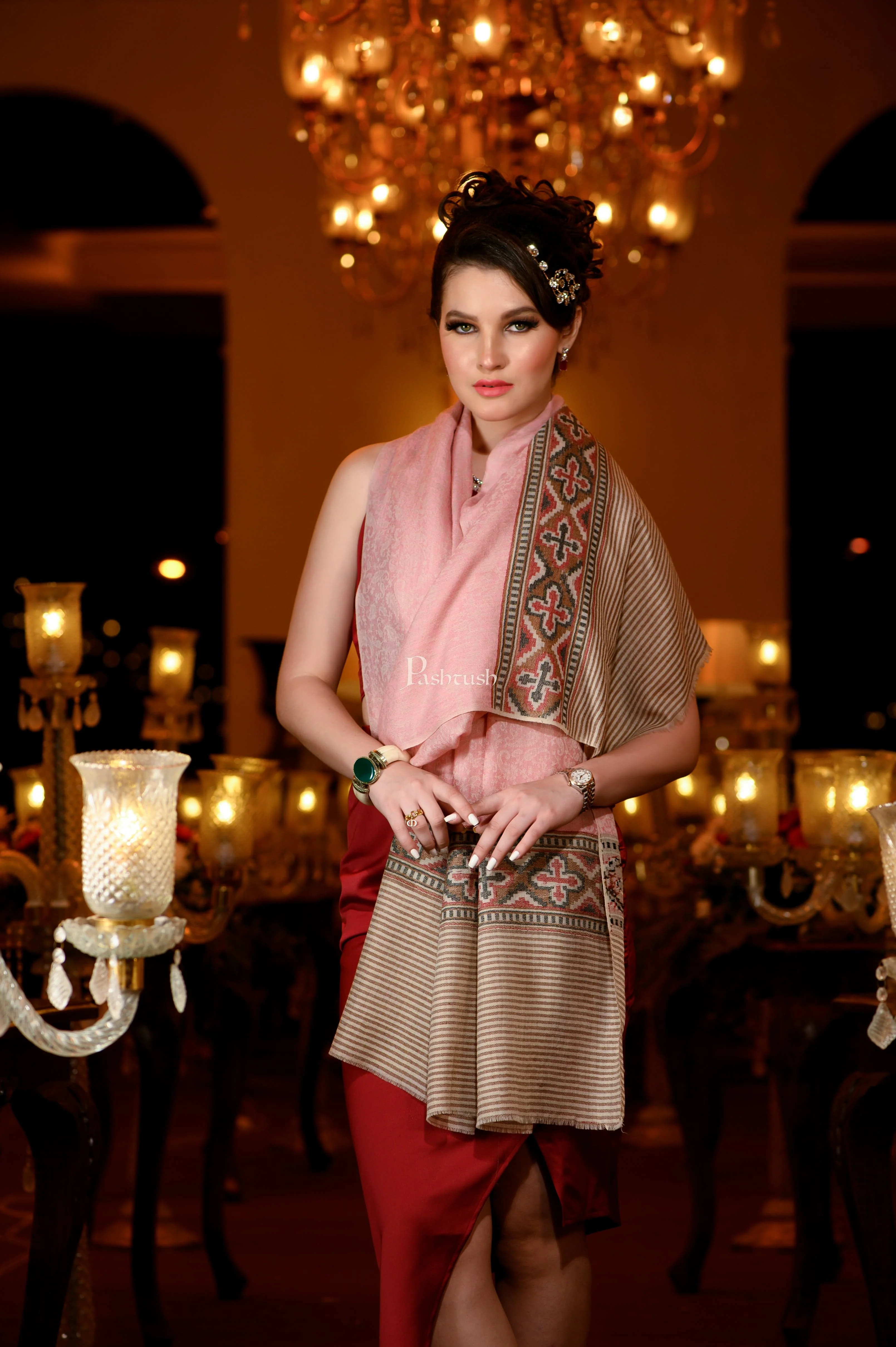 Pashtush Womens Extra Fine Wool Shawl, Aztec Weave Design, Pink - Image 6