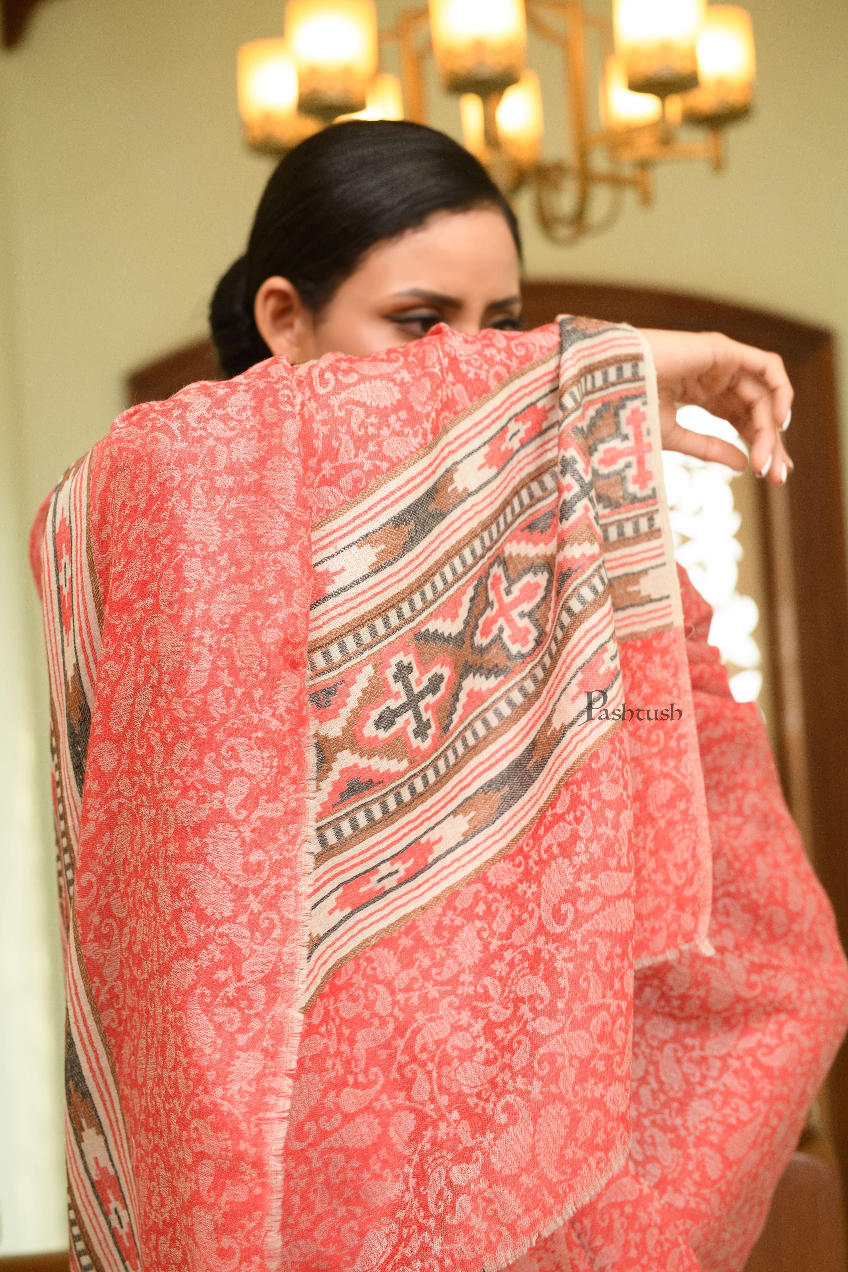 Pashtush Womens Extra Fine Wool Shawl, Aztec Weave Palla Design, Red - Image 4