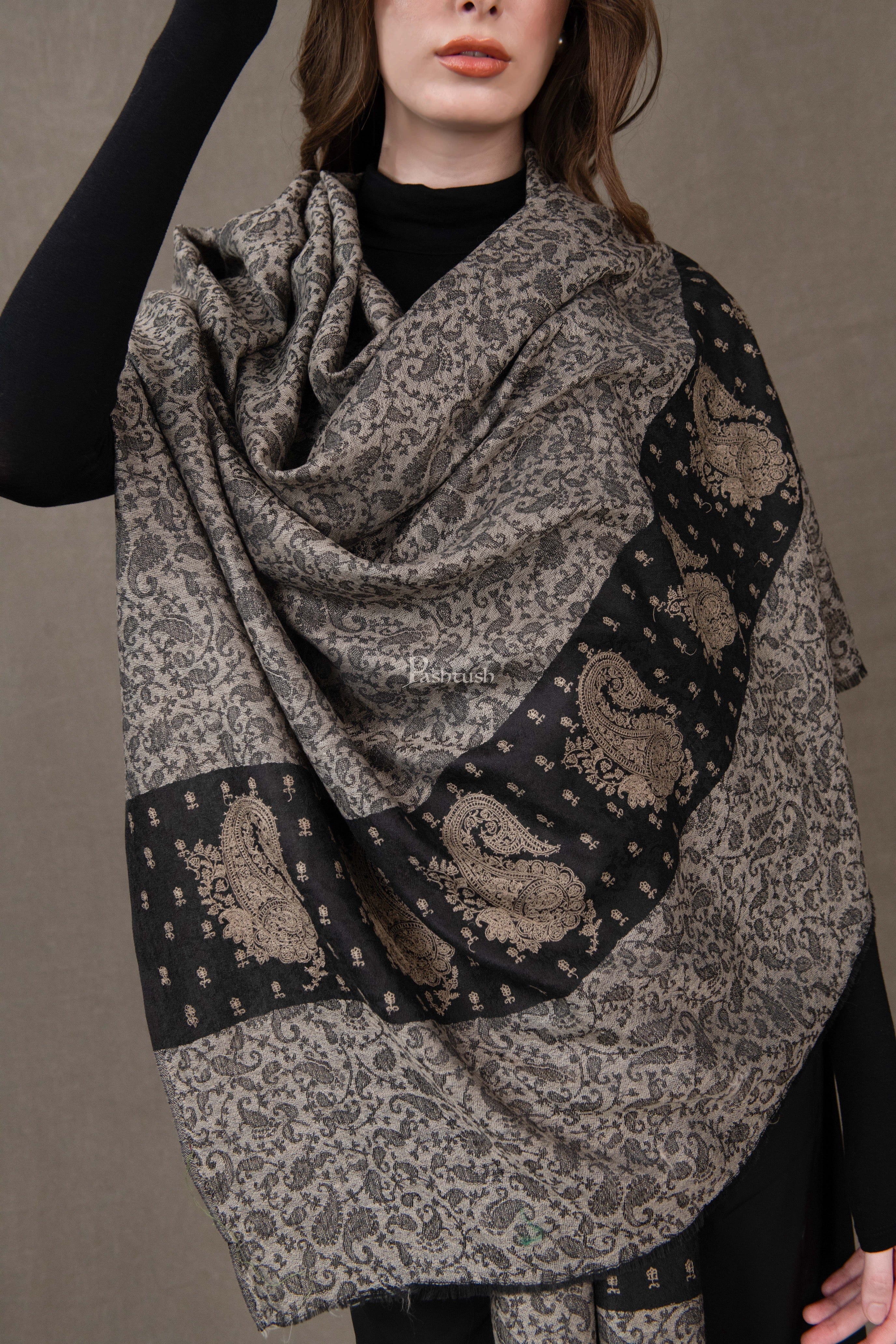 Pashtush Womens Extra Fine Wool Shawl, Embroidered Palla Design, Black And Grey - Image 2