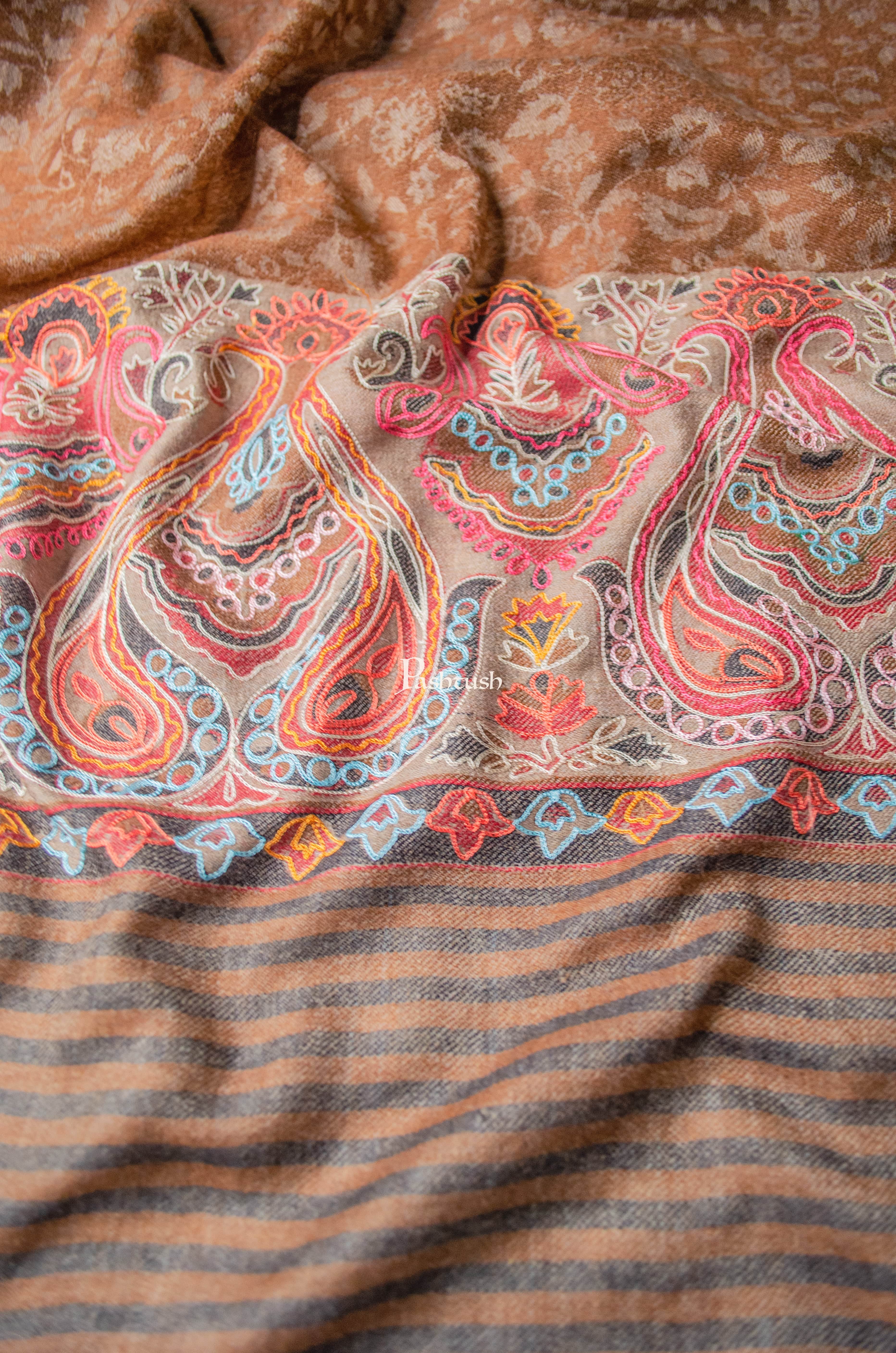 Pashtush Womens Extra Fine Wool Shawl, Embroidery Palla Design, Brown - Image 2
