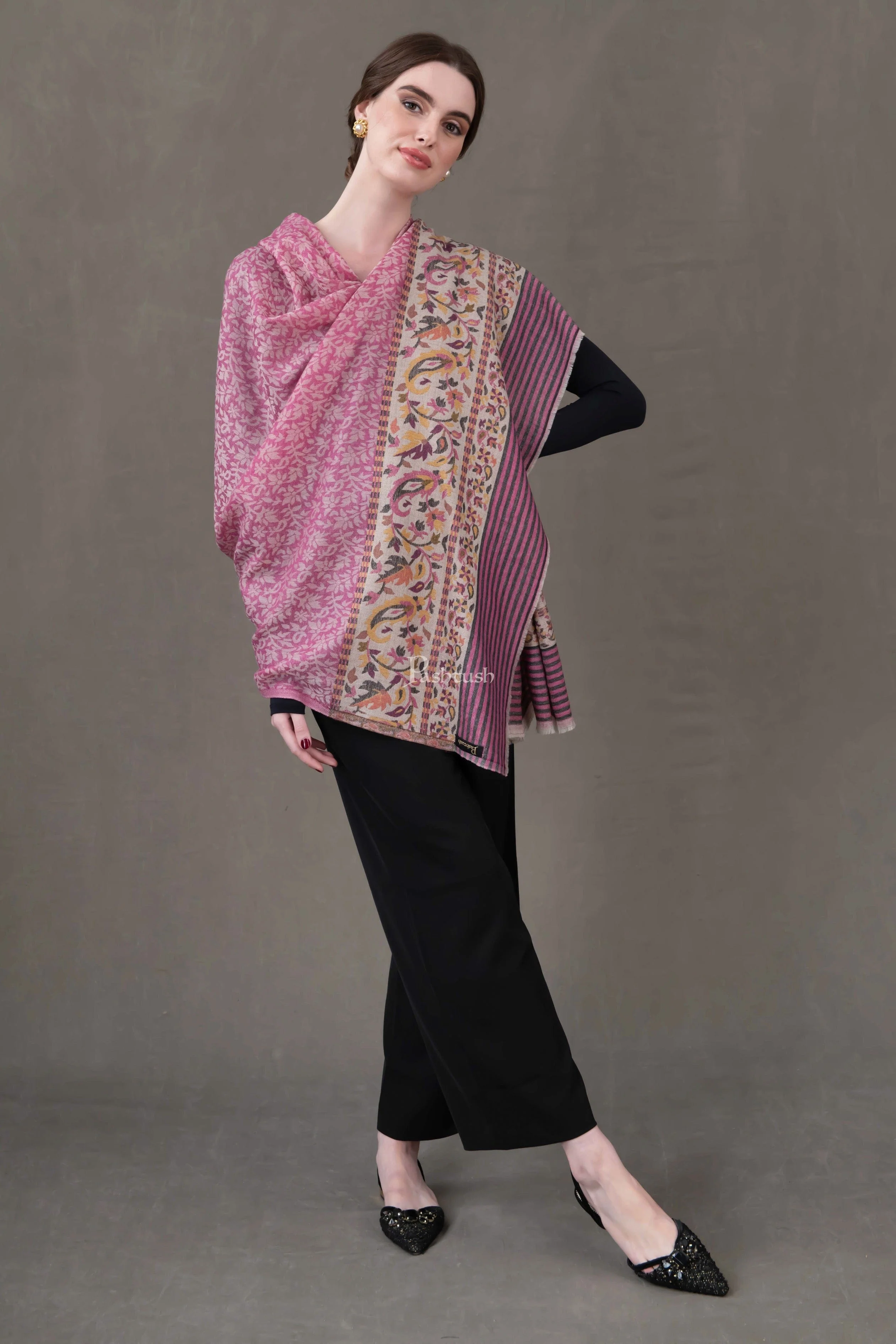 Pashtush Womens Extra Fine Wool Shawl, Ethnic Wave Paisley Palla Design, Majenta - Image 2