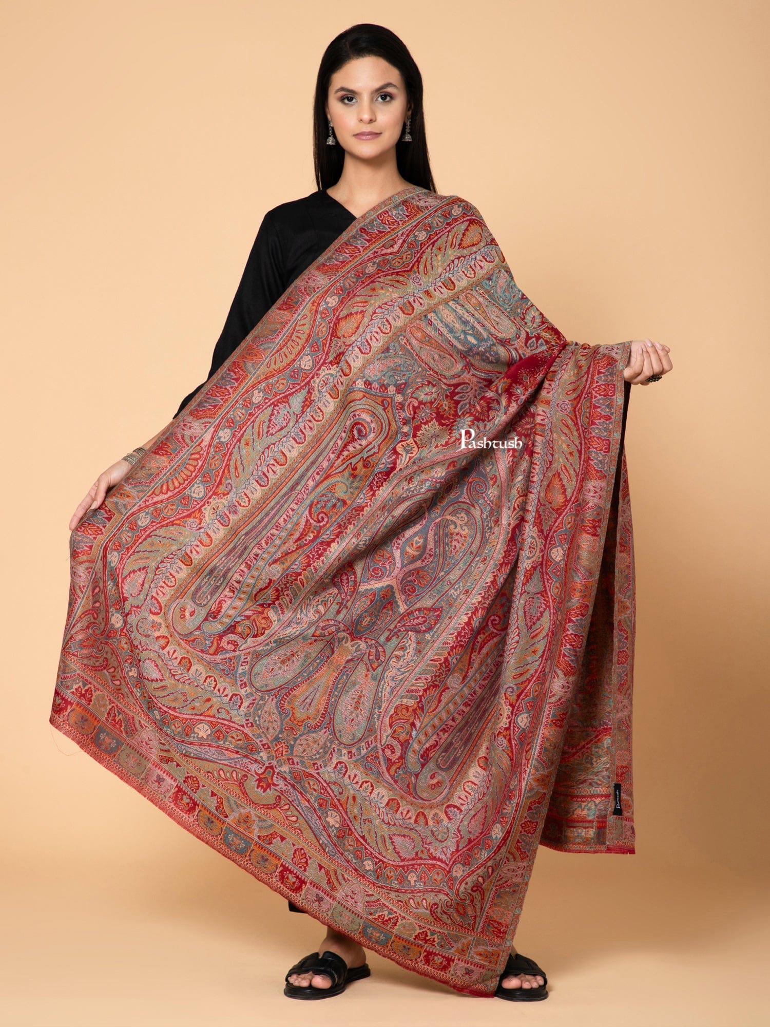Pashtush Womens Extra Fine Wool Shawl, Ethnic Weave Design, Maroon - Image 2