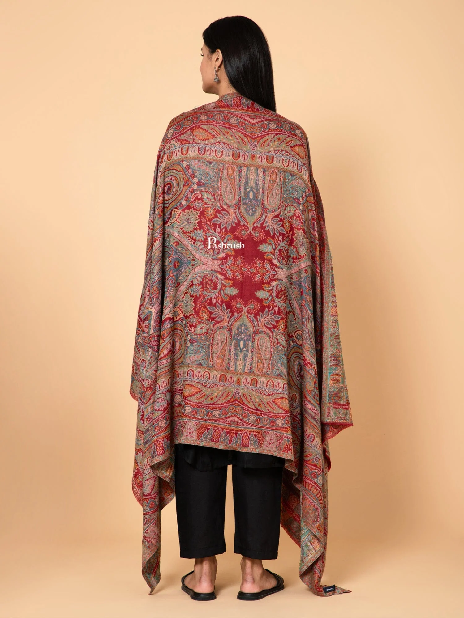 Pashtush Womens Extra Fine Wool Shawl, Ethnic Weave Design, Maroon - Image 4