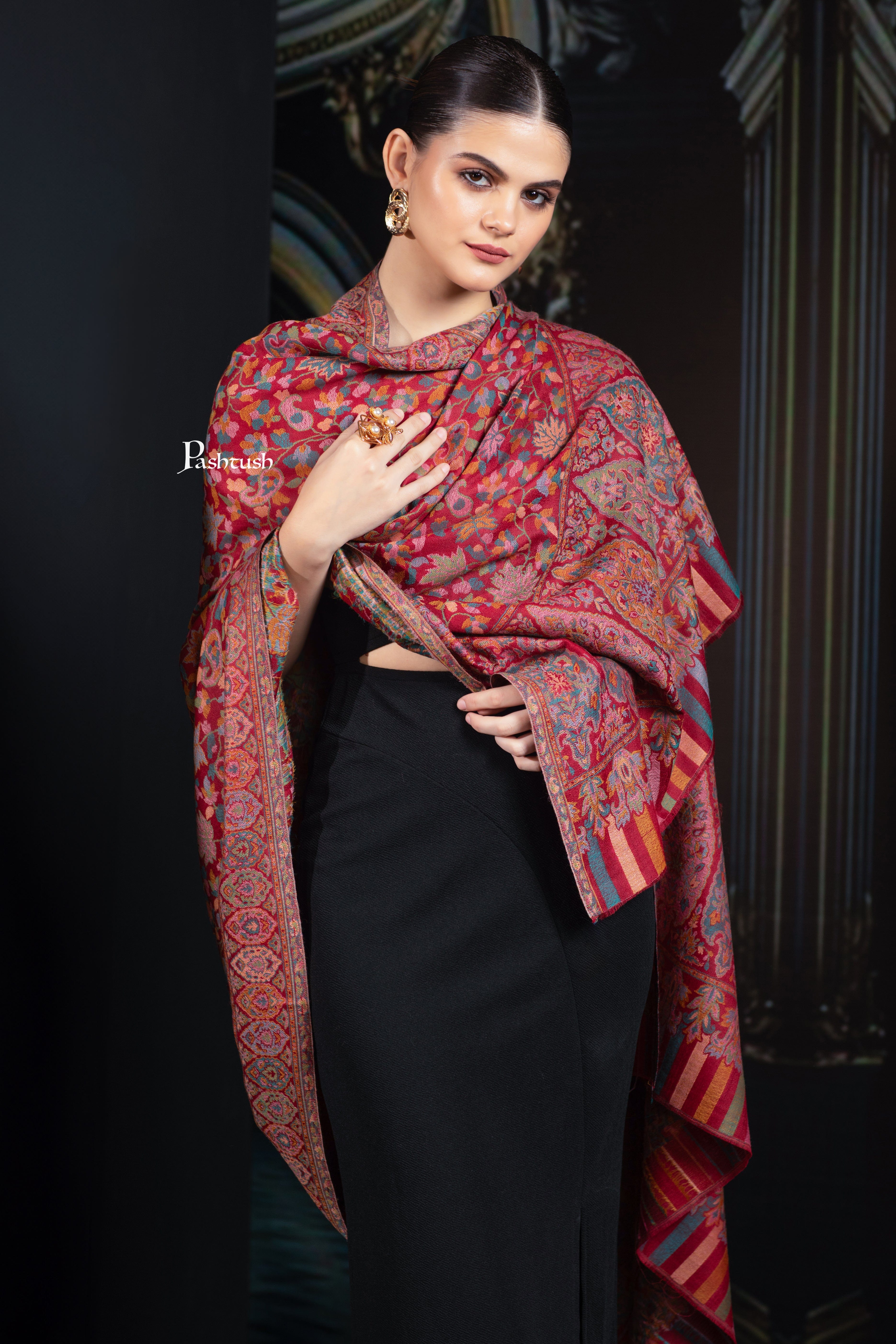 Pashtush Womens Extra Fine Wool Shawl, Ethnic Weave Jaal Design, Crimson Maroon - Image 6