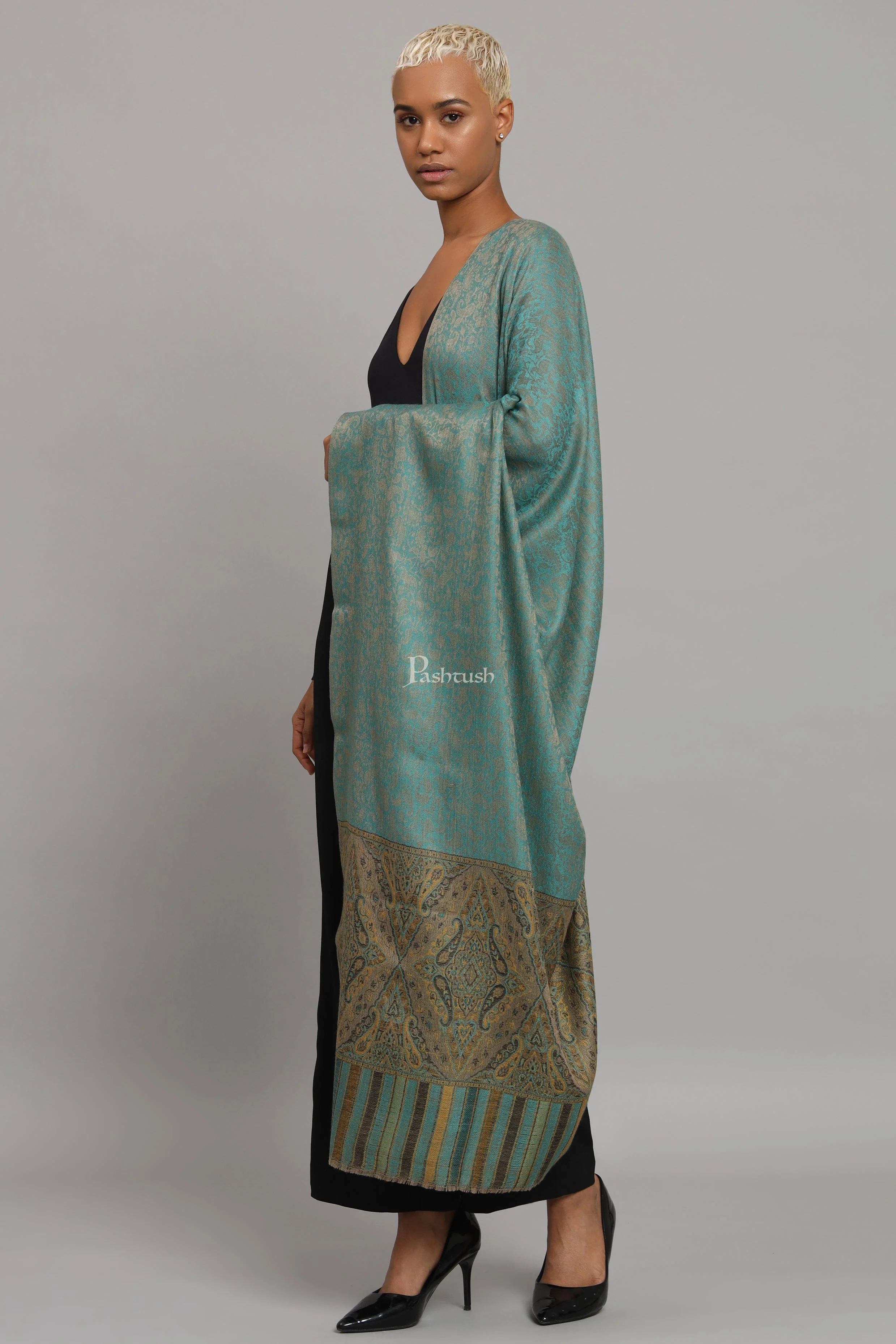 Pashtush Womens Extra Fine Wool Shawl, Ethnic Woven Palla Design, Arabic Sea Green - Image 4