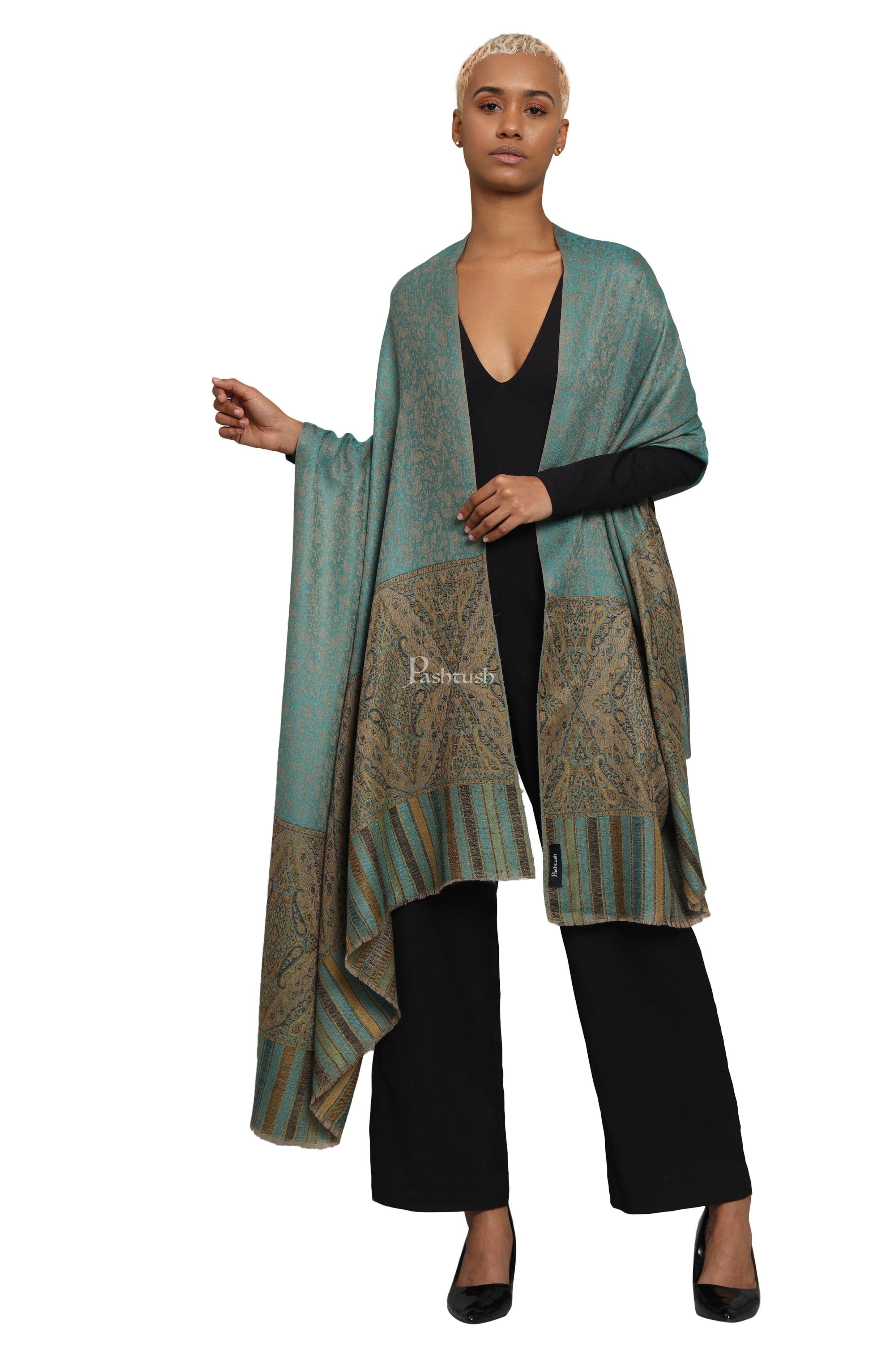 Pashtush Womens Extra Fine Wool Shawl, Ethnic Woven Palla Design, Arabic Sea Green - Image 6