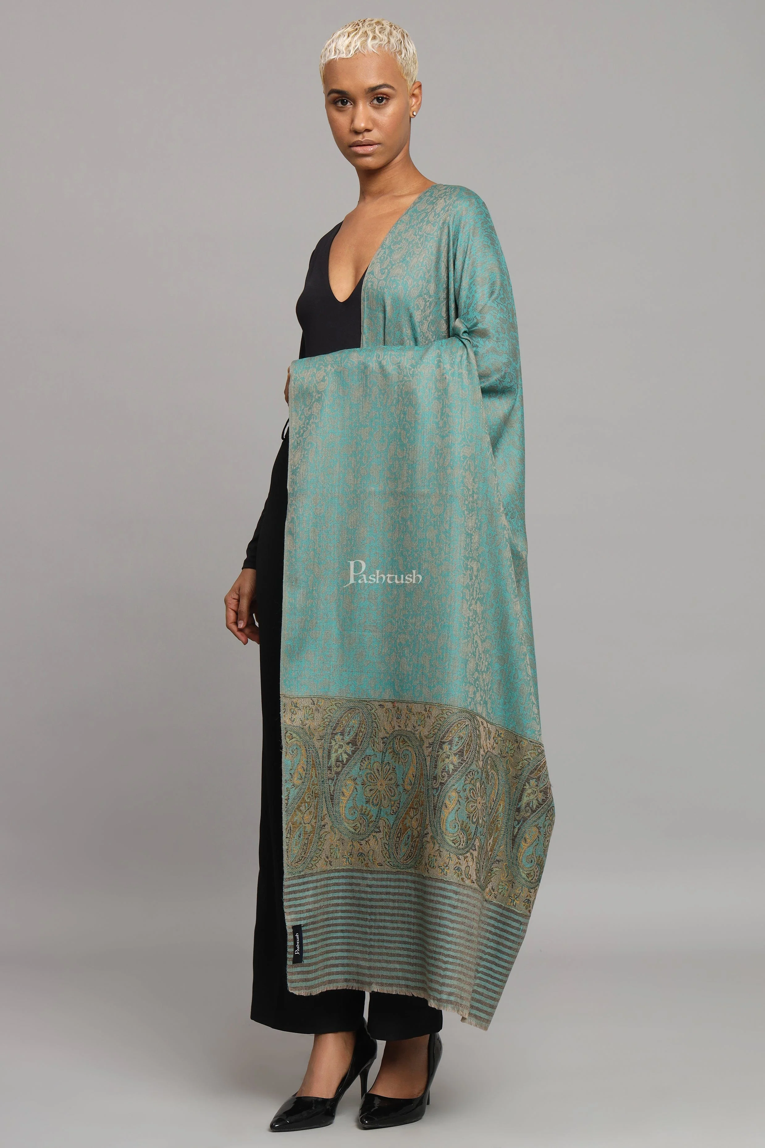 Pashtush Womens Extra Fine Wool Shawl, Ethnic Woven Palla Design, Arabic Sea Green - Image 3