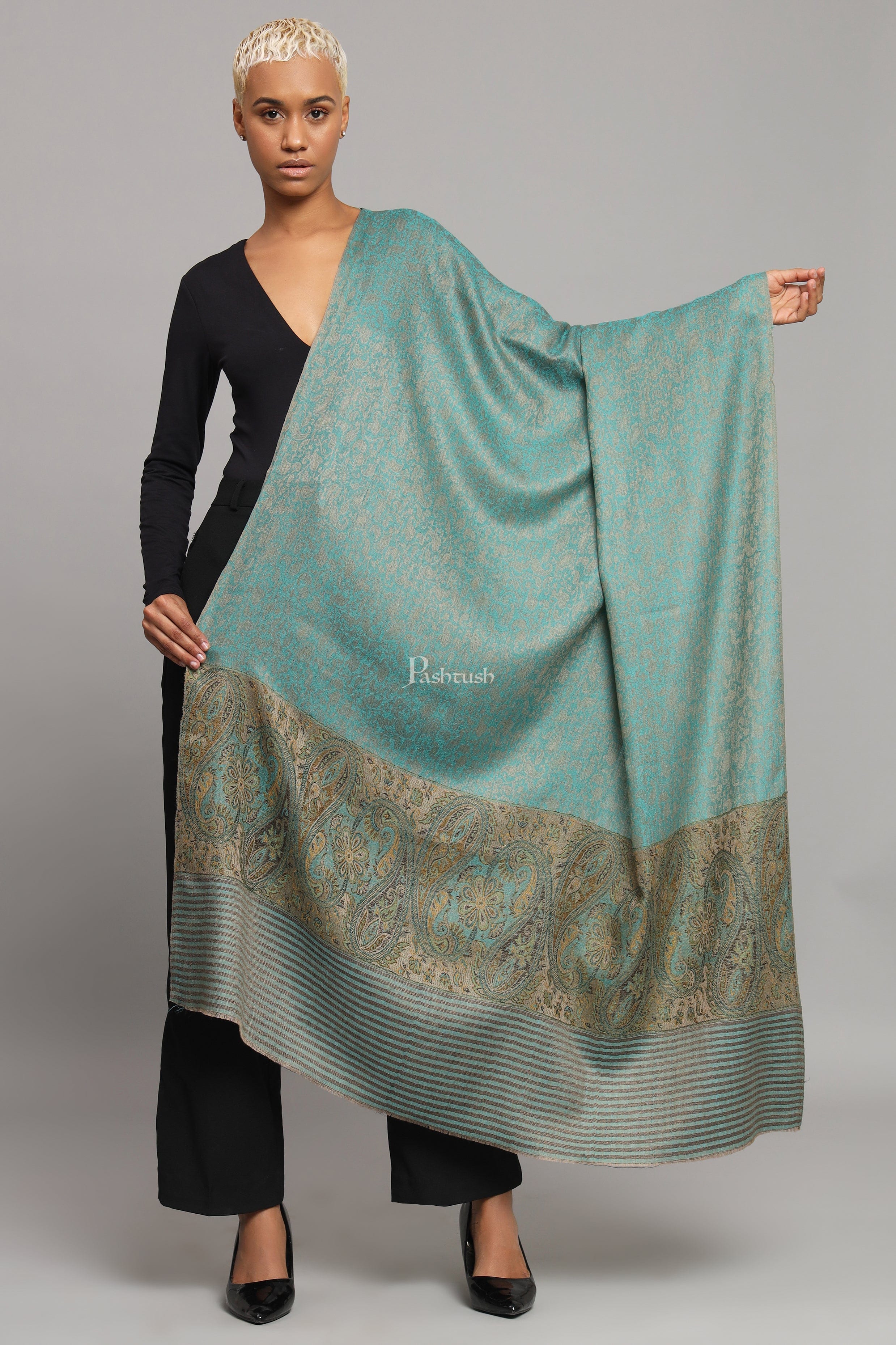 Pashtush Womens Extra Fine Wool Shawl, Ethnic Woven Palla Design, Arabic Sea Green - Image 4