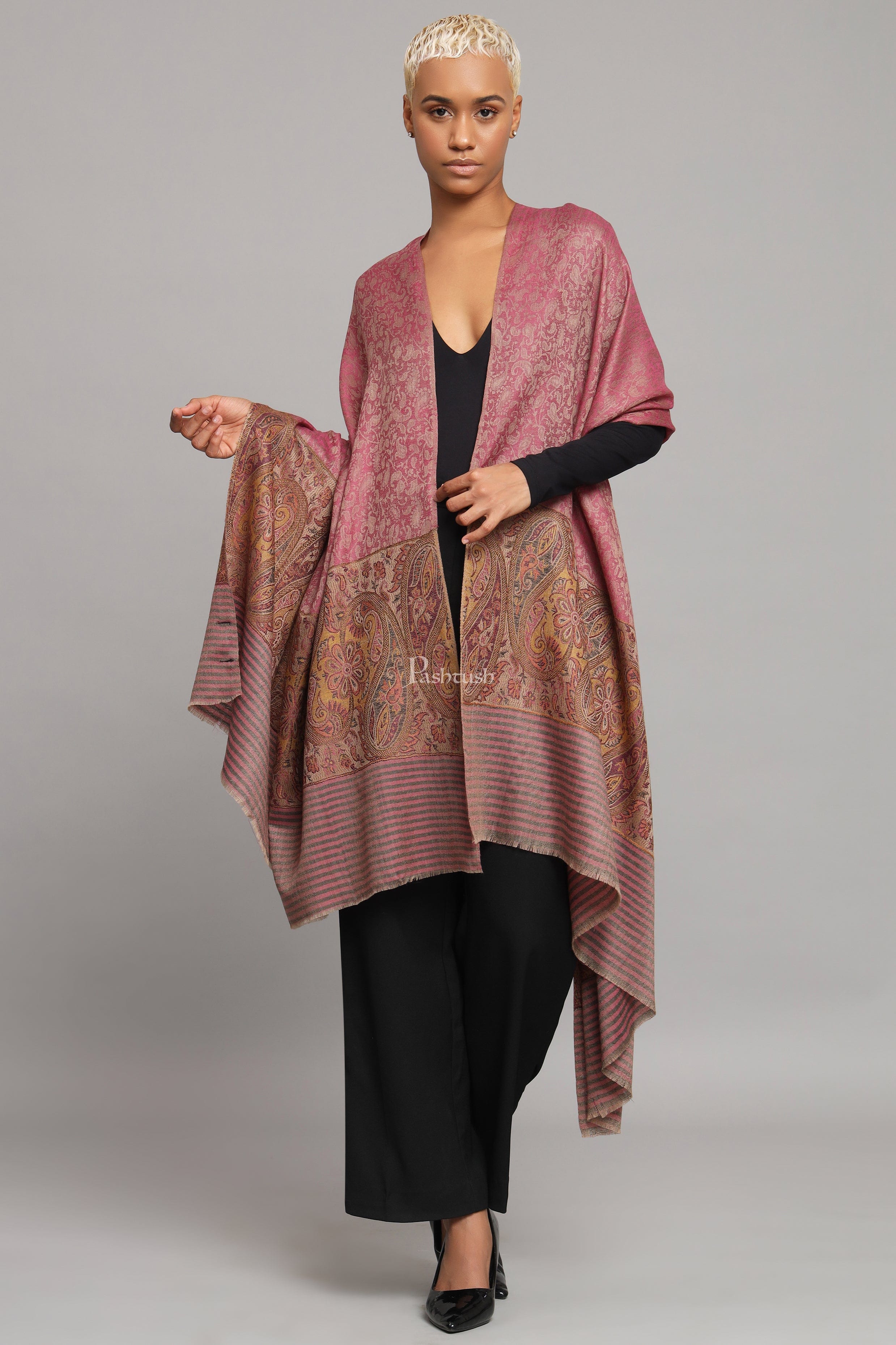 Pashtush Womens Extra Fine Wool Shawl, Ethnic Woven Palla Design, Majenta - Image 4