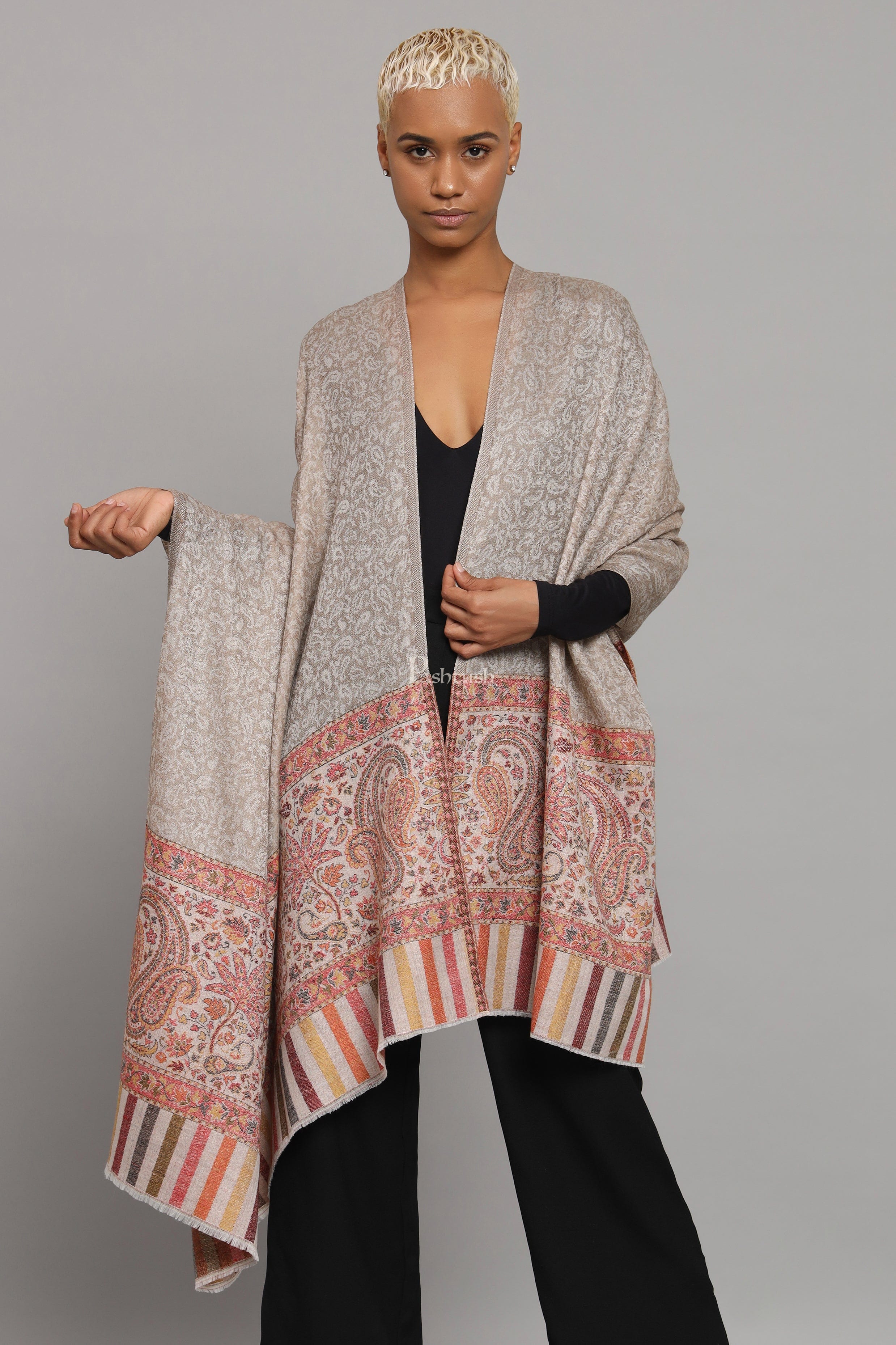 Pashtush Womens Extra Fine Wool Shawl, Ethnic Woven Palla Design, Taupe - Image 9