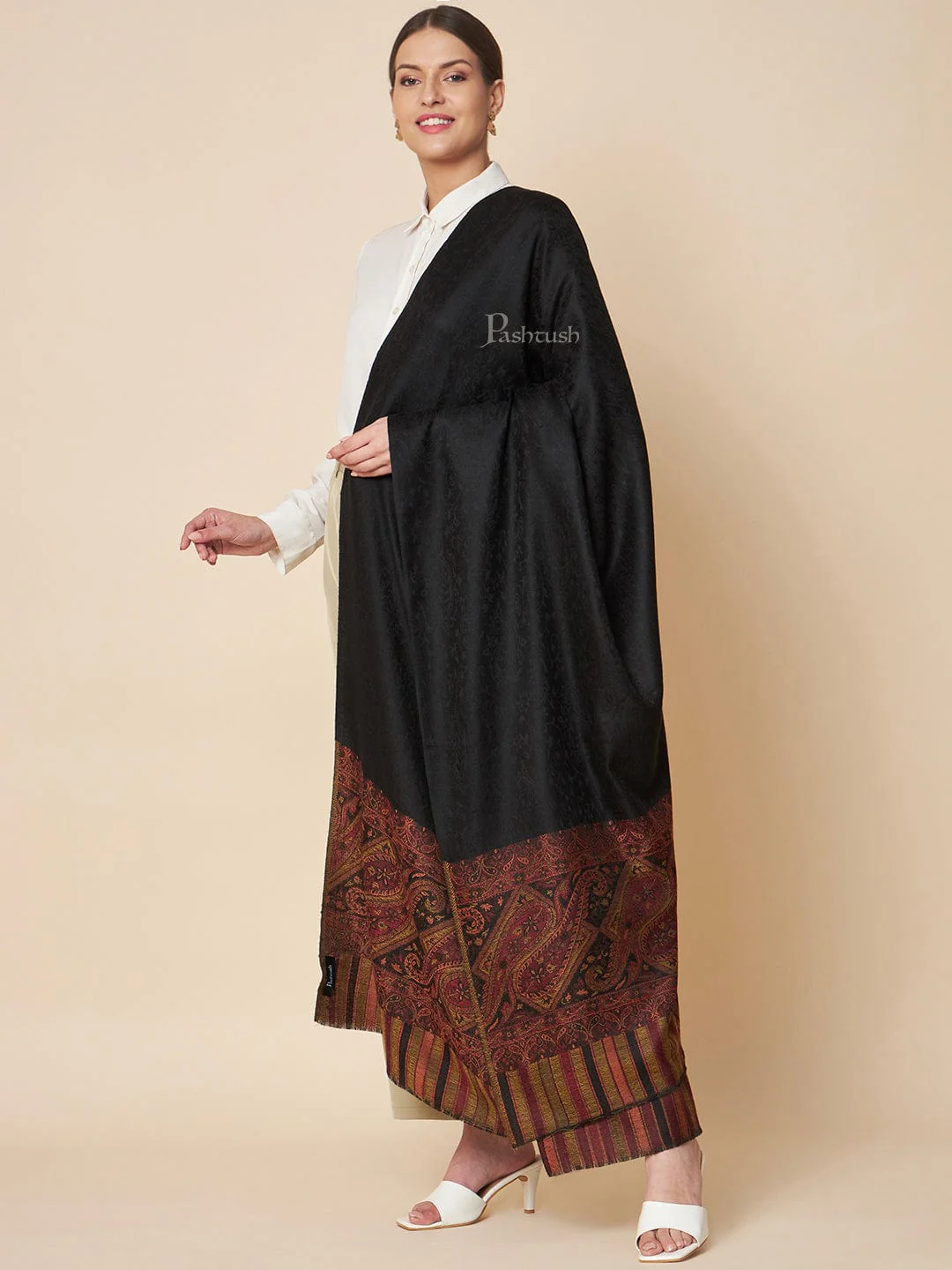 Pashtush Womens Extra Fine Wool Shawl, Extra Soft Woven Palla Design, Black - Image 3