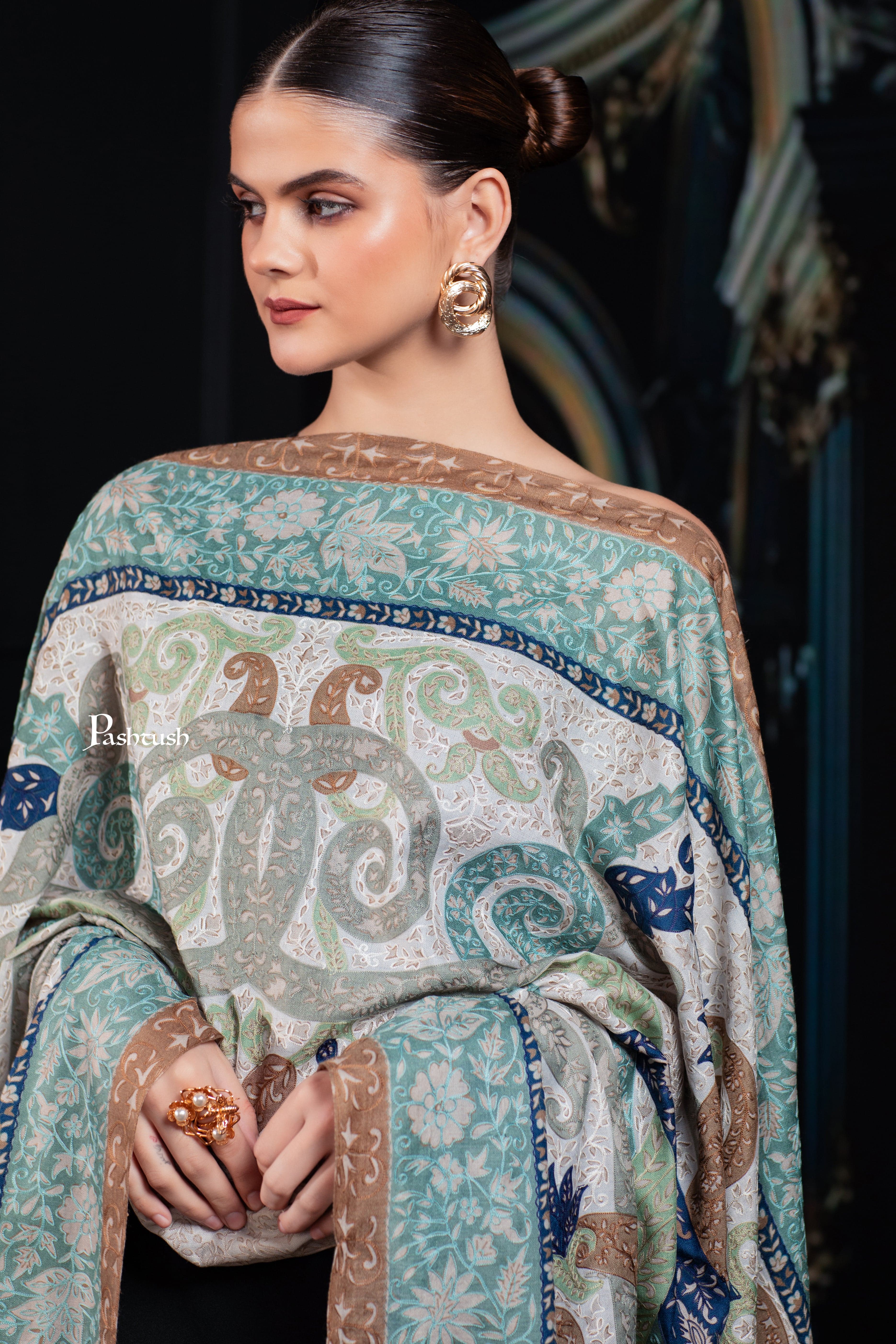 Pashtush Womens Extra Fine Wool Shawl, Hand Embroidered Kalamkari Design, Azure - Image 4