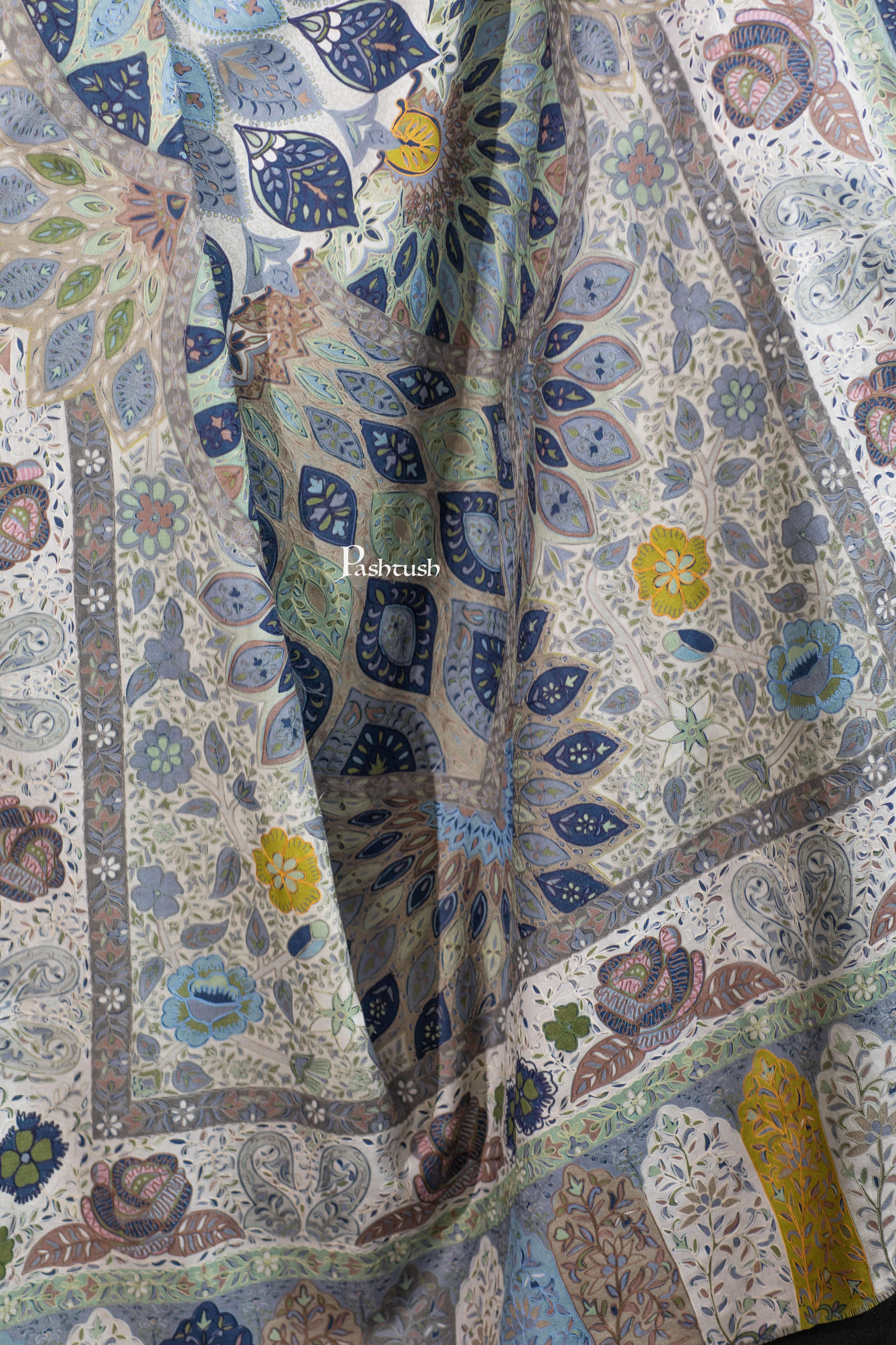 Pashtush Womens Extra Fine Wool Shawl, Hand Embroidered Kalamkari Design, Azure Blue - Image 6