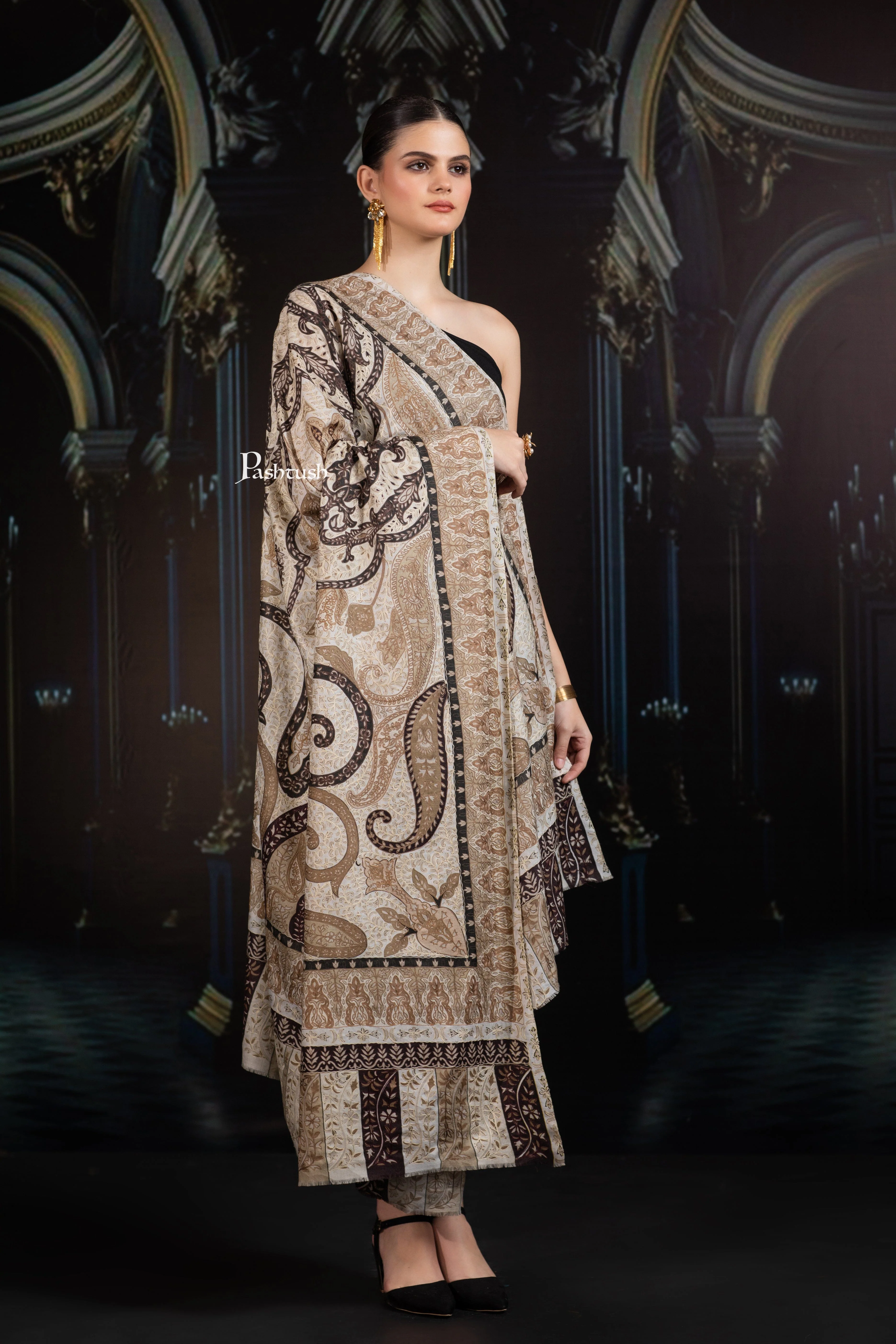 Pashtush Womens Extra Fine Wool Shawl, Hand Embroidered Kalamkari Design, Earthy Neutrals - Image 5
