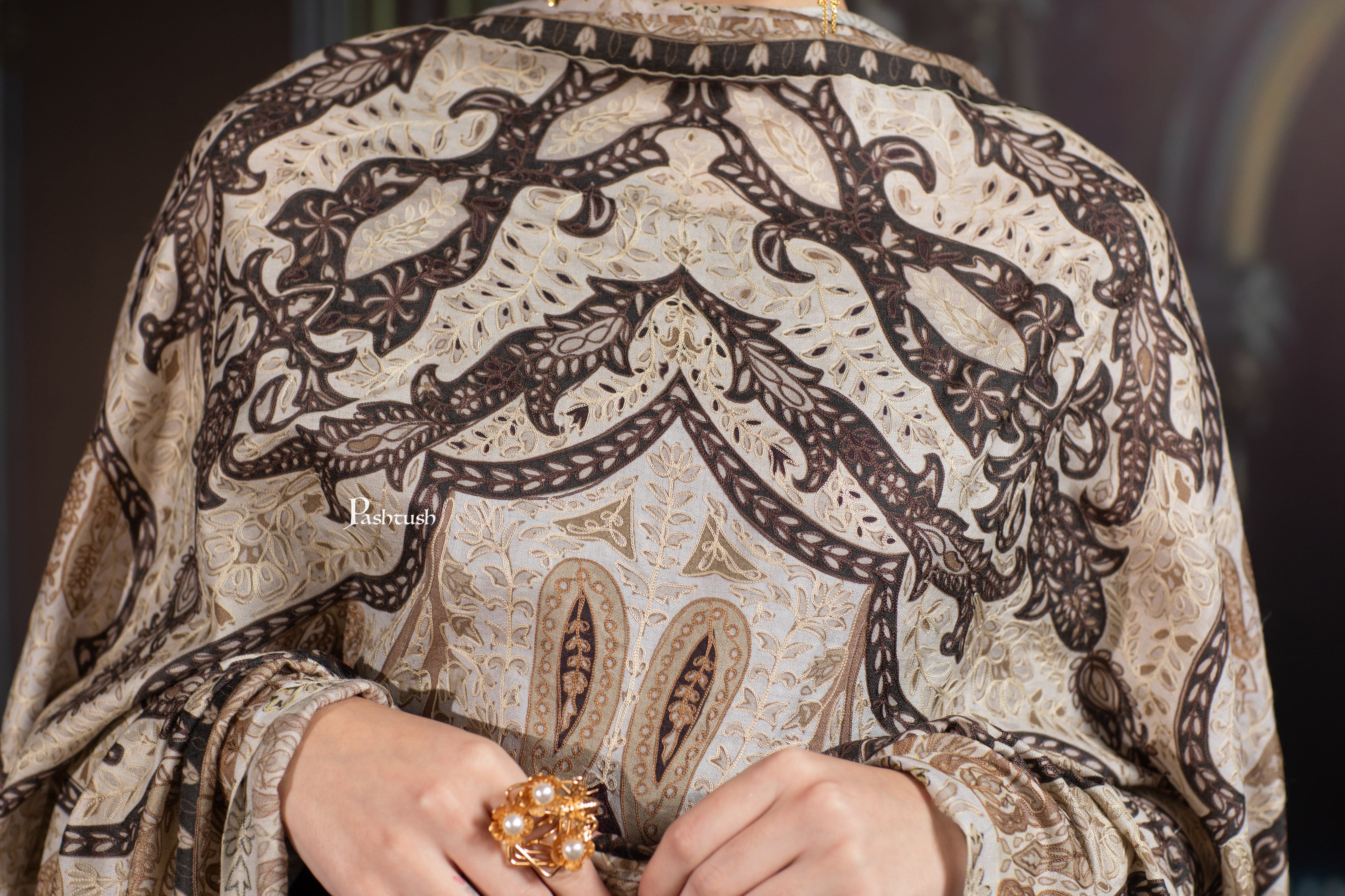 Pashtush Womens Extra Fine Wool Shawl, Hand Embroidered Kalamkari Design, Earthy Neutrals - Image 6