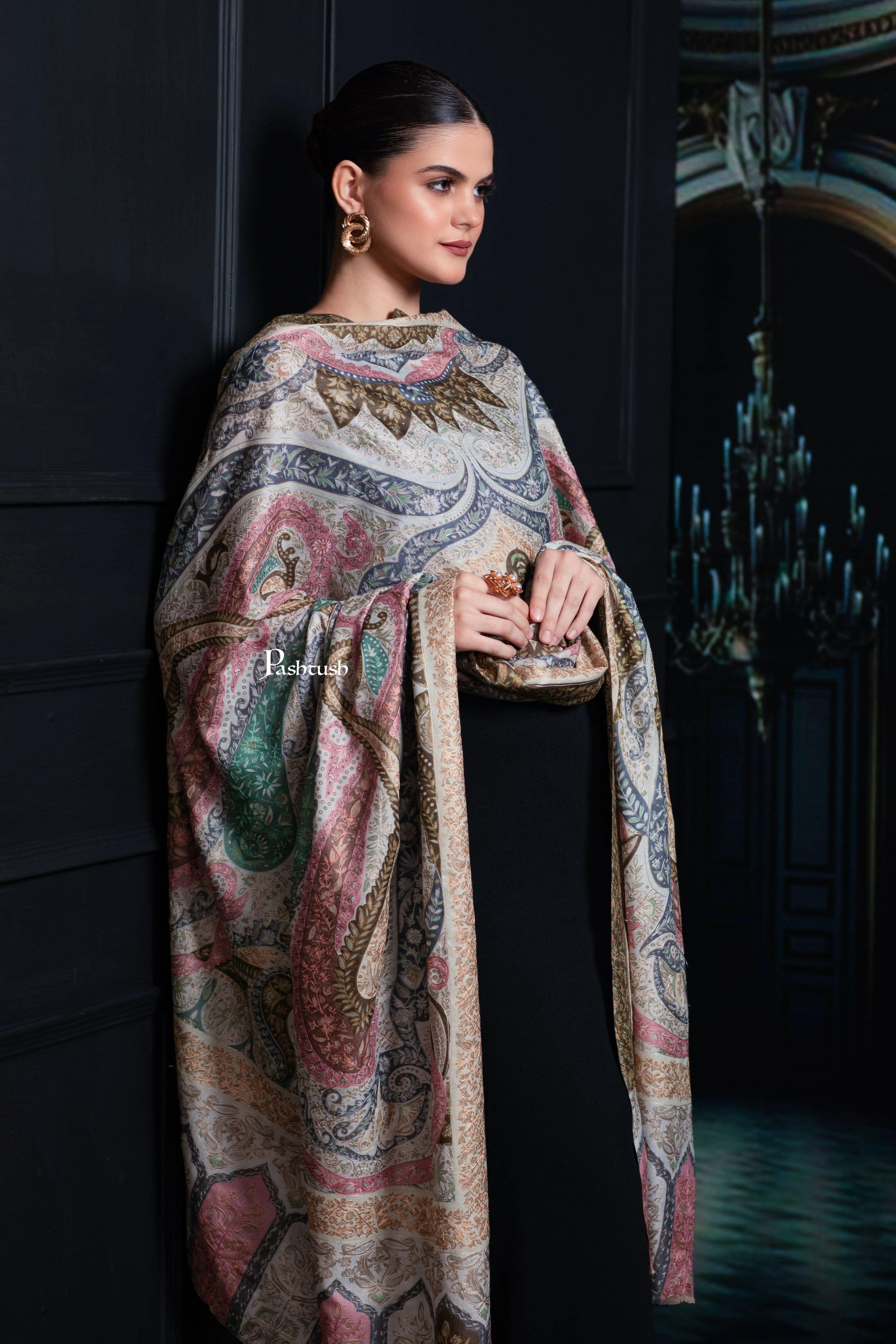 Pashtush Womens Extra Fine Wool Shawl, Hand Embroidered Kalamkari Design, Soft Pastels - Image 7