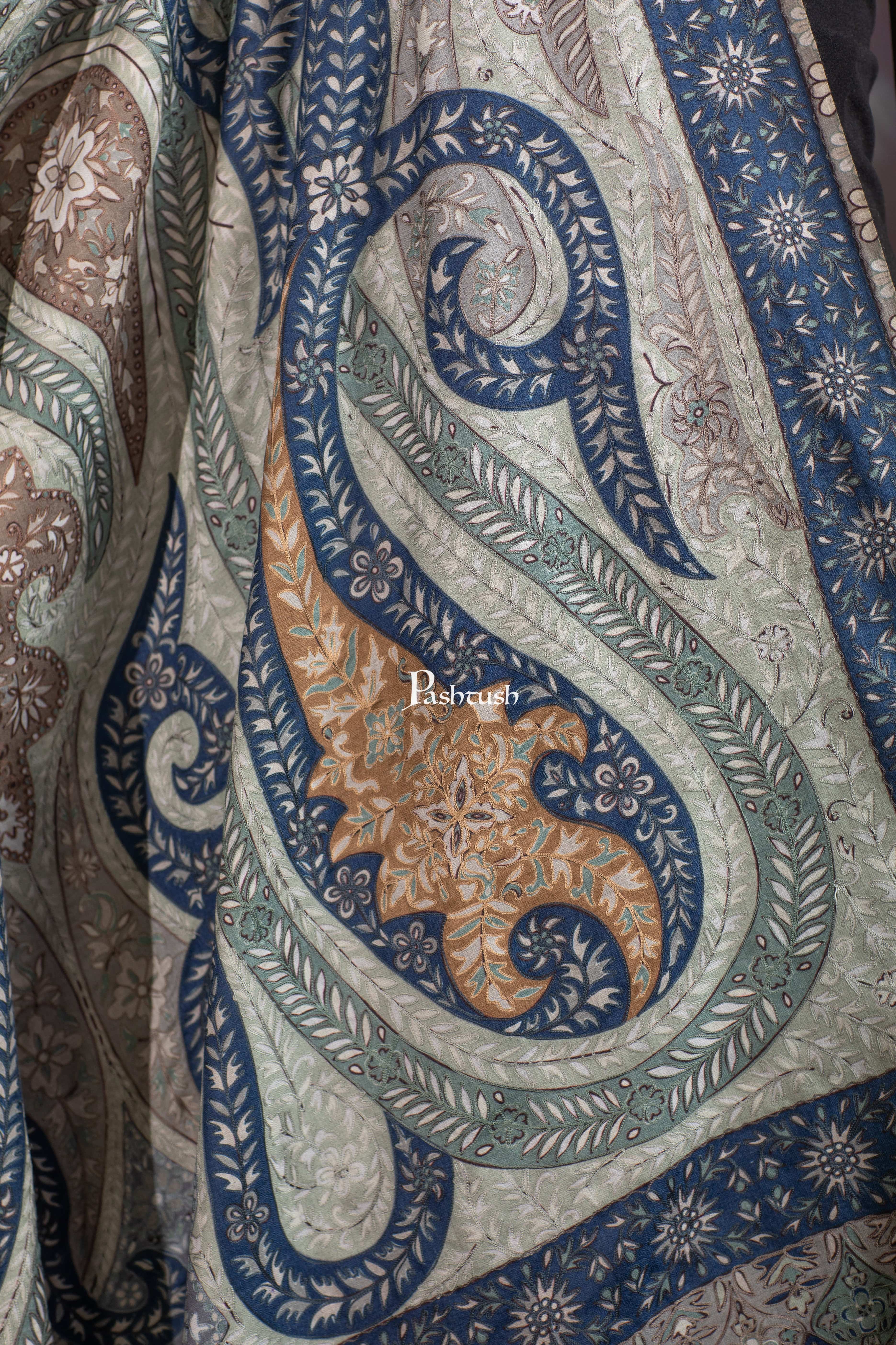 Pashtush Womens Extra Fine Wool Shawl, Hand Embroidered Kalamkari Design, Teal Grace - Image 2