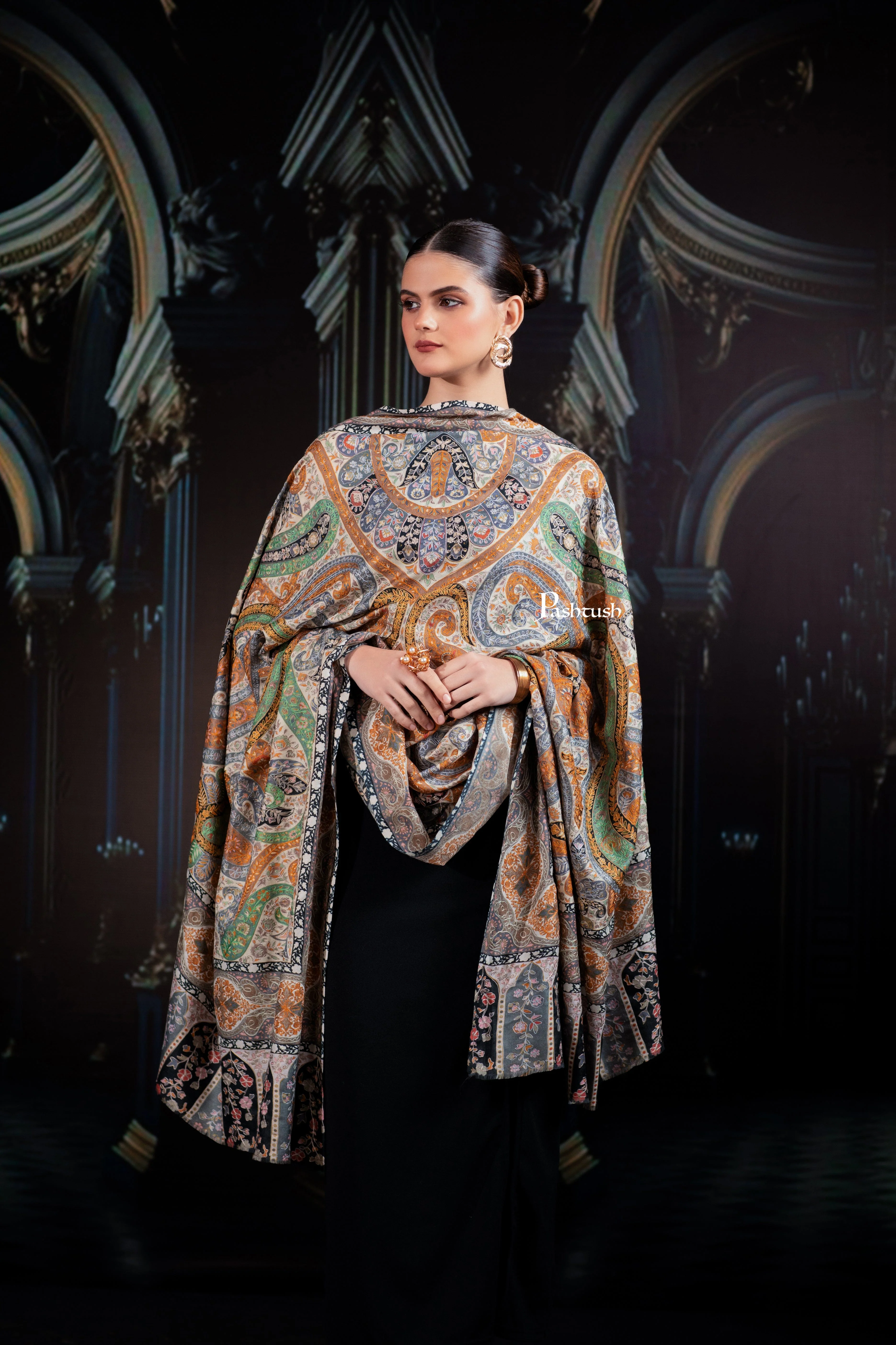 Pashtush Womens Extra Fine Wool Shawl, Hand Embroidered Kalamkari, Pastel Hues - Image 6