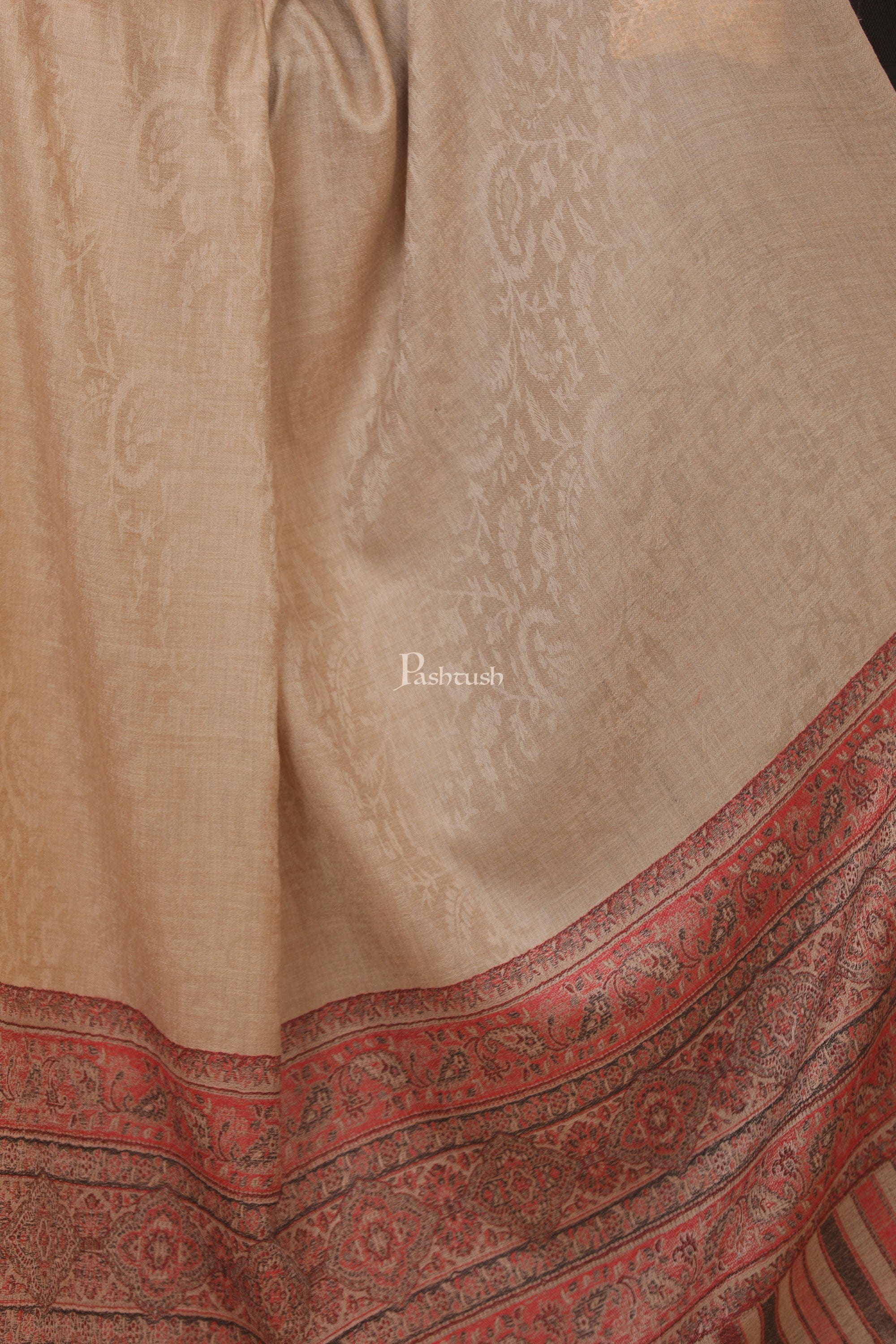 Pashtush Womens Extra Fine Wool Shawl, Jacquard Palla Design, Beige - Image 4