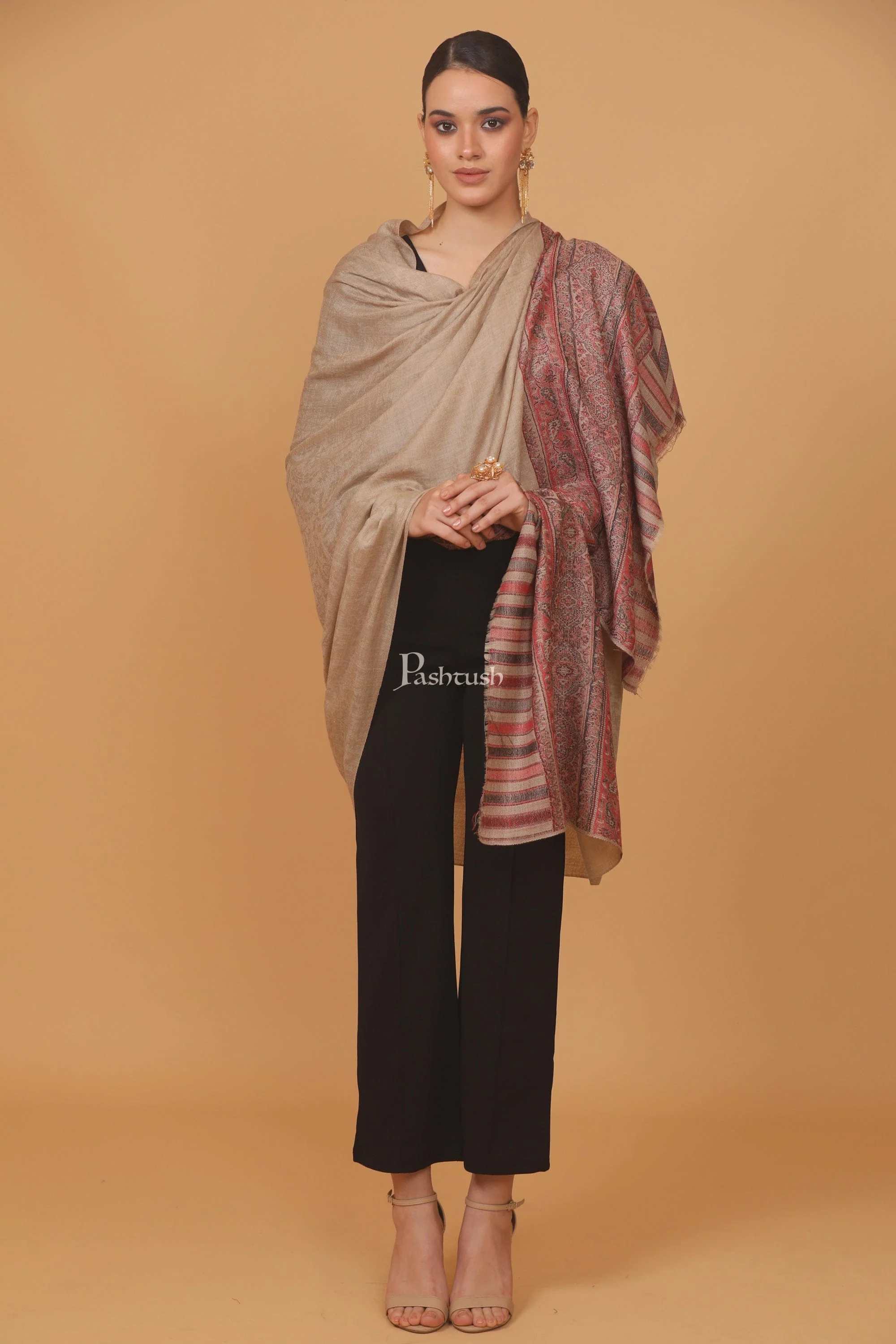 Pashtush Womens Extra Fine Wool Shawl, Jacquard Palla Design, Beige - Image 6