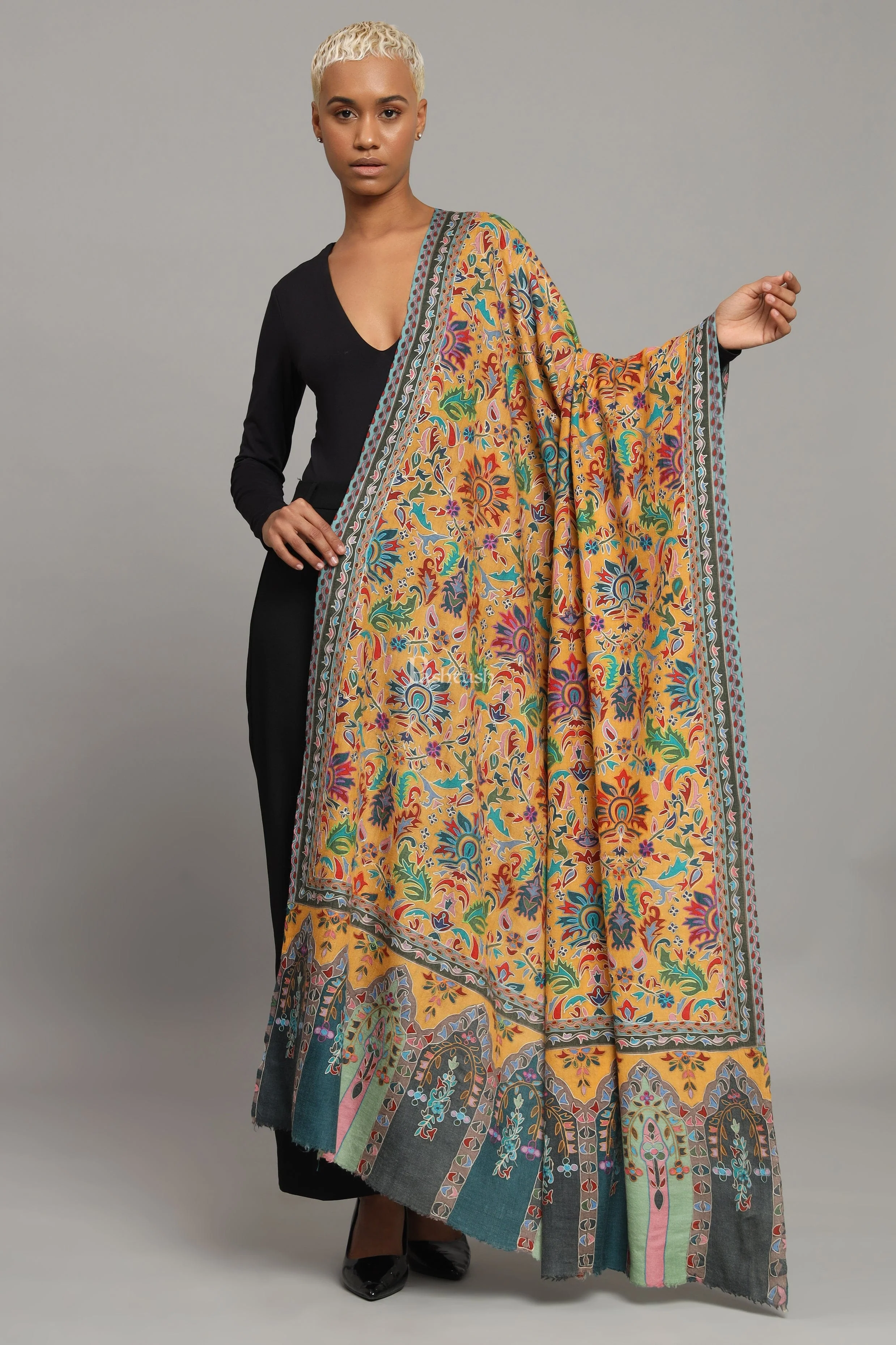 Pashtush Womens Extra Fine Wool Shawl, Kalamkari Embroidery Design, Multicolour - Image 2