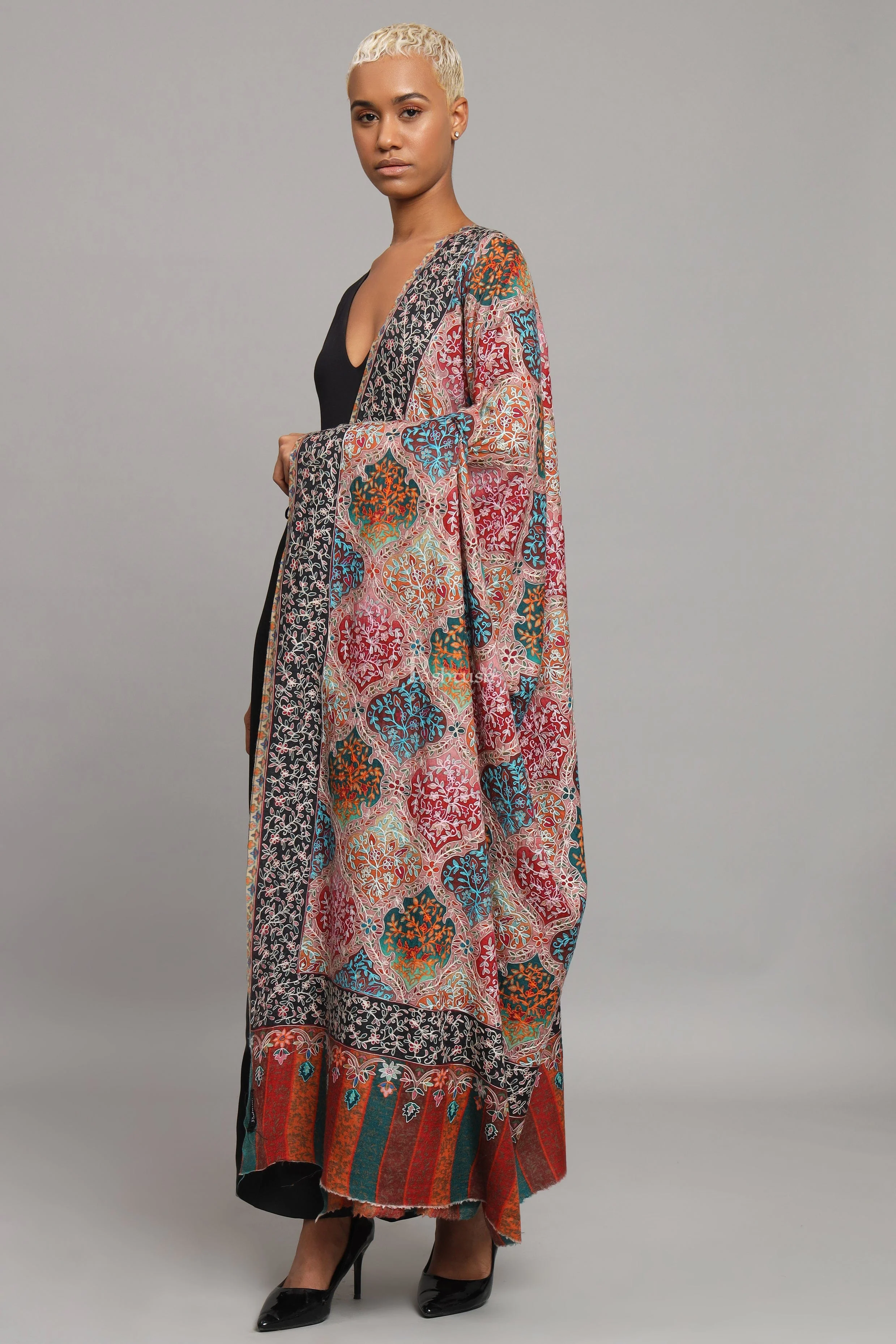 Pashtush Womens Extra Fine Wool Shawl, Kalamkari Embroidery, Nalki Jama Design, Multicolour - Image 2