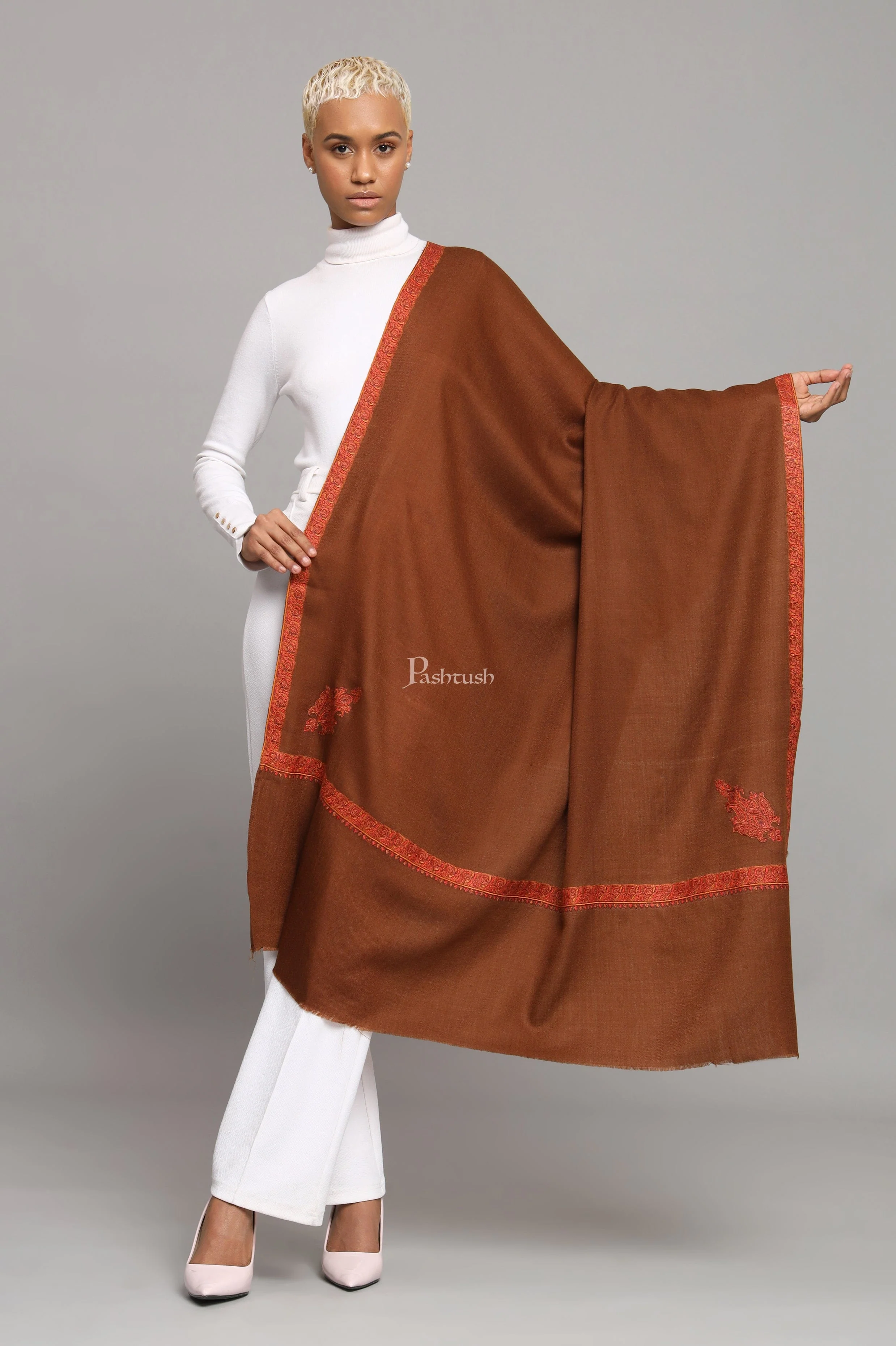 Pashtush Womens Extra Fine Wool Shawl, Kashmiri Embroidery, Kingri Design, Coffee - Image 4