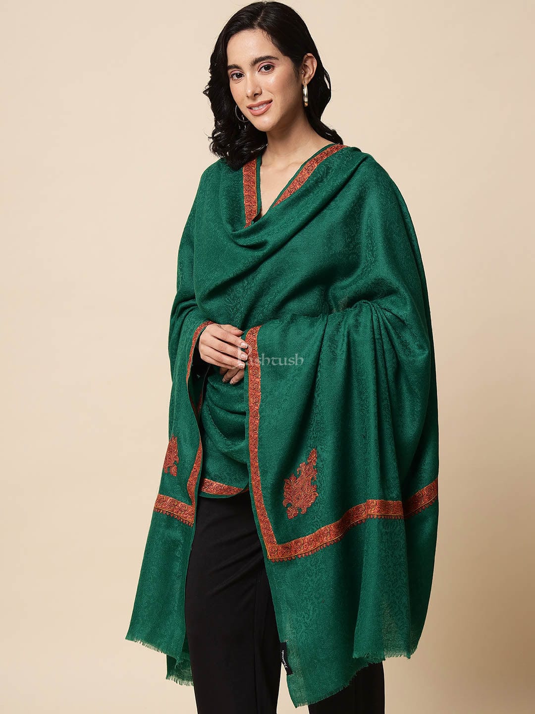 Pashtush womens Extra Fine Wool shawl, multi kingri embroidery design, Green - Image 5