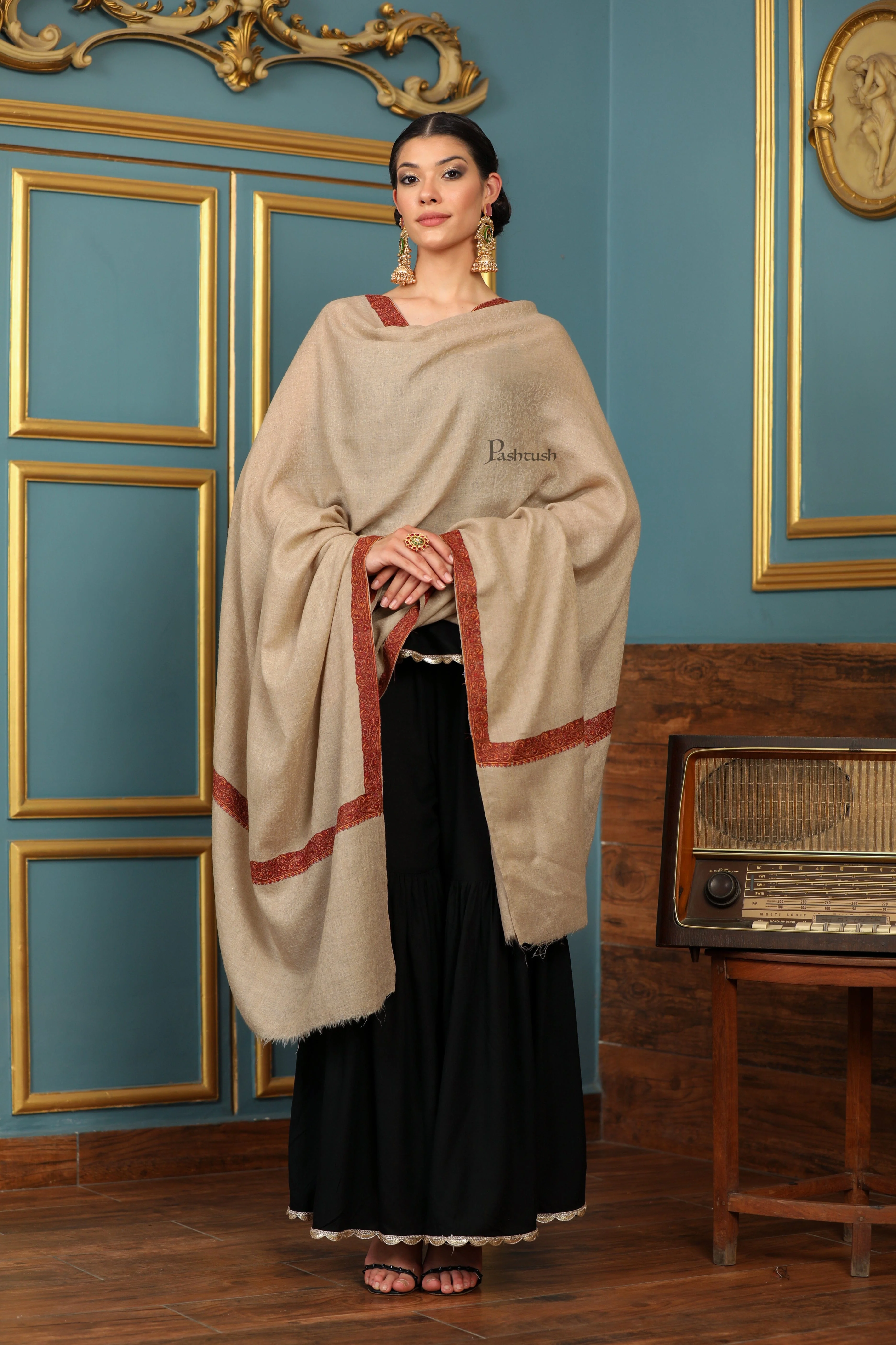 Pashtush Womens Extra Fine Wool Shawl, Mutli Border Design, Beige - Image 8