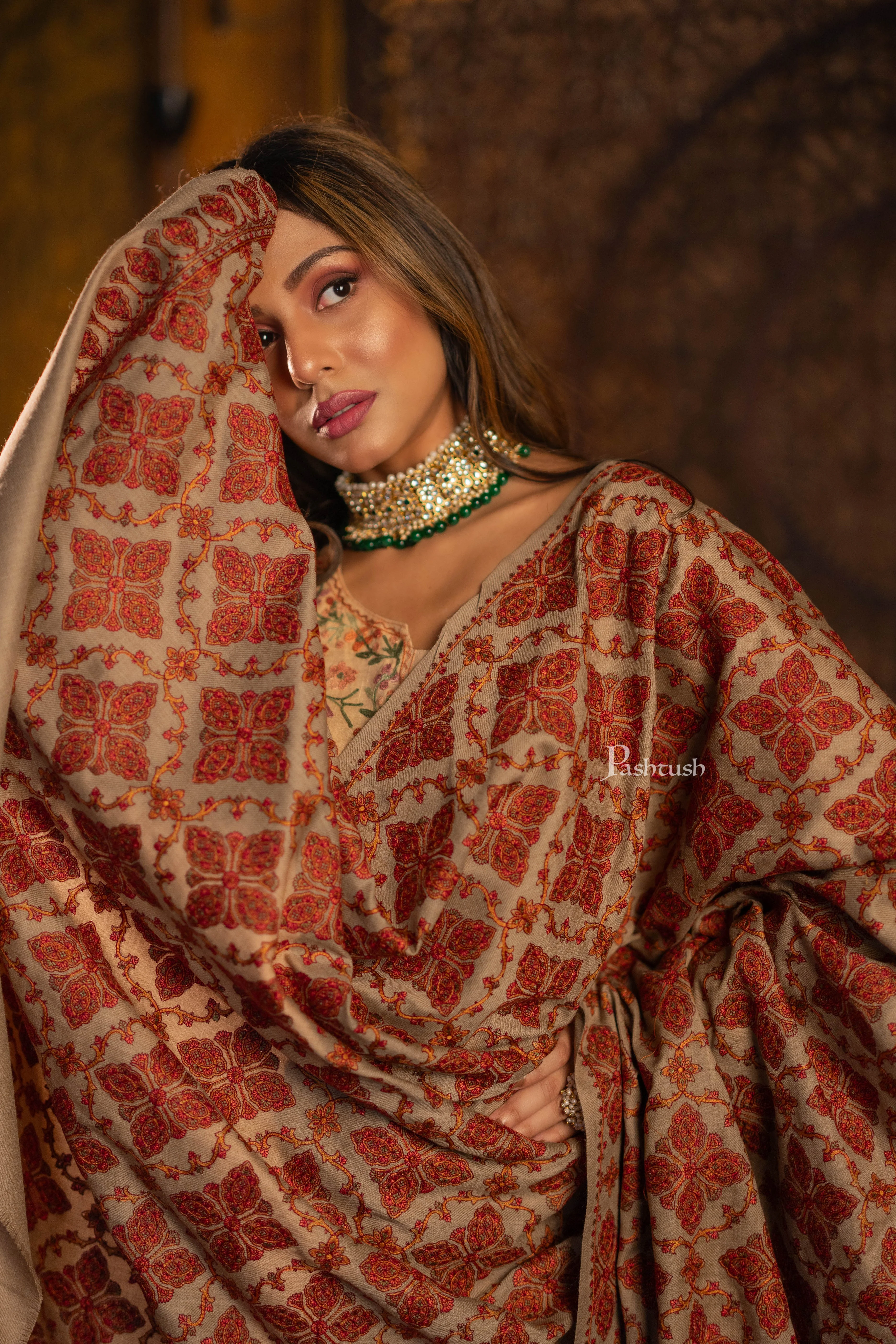 Pashtush Womens Extra Fine Wool Shawl, Needlework  Heavy Jaal Design, Beige - Image 4