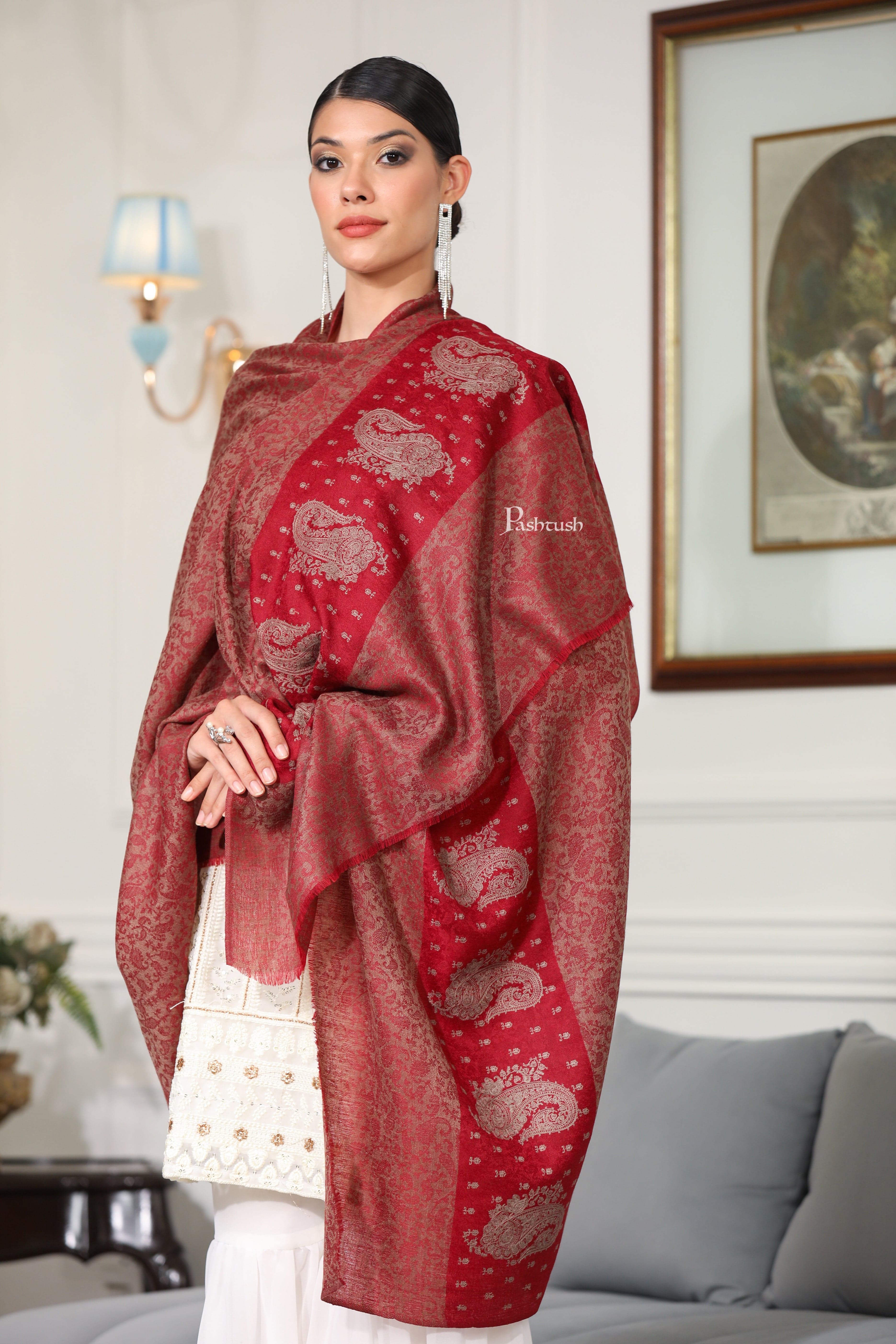 Pashtush Womens Extra Fine Wool Shawl, Paisley Design, Maroon - Image 4