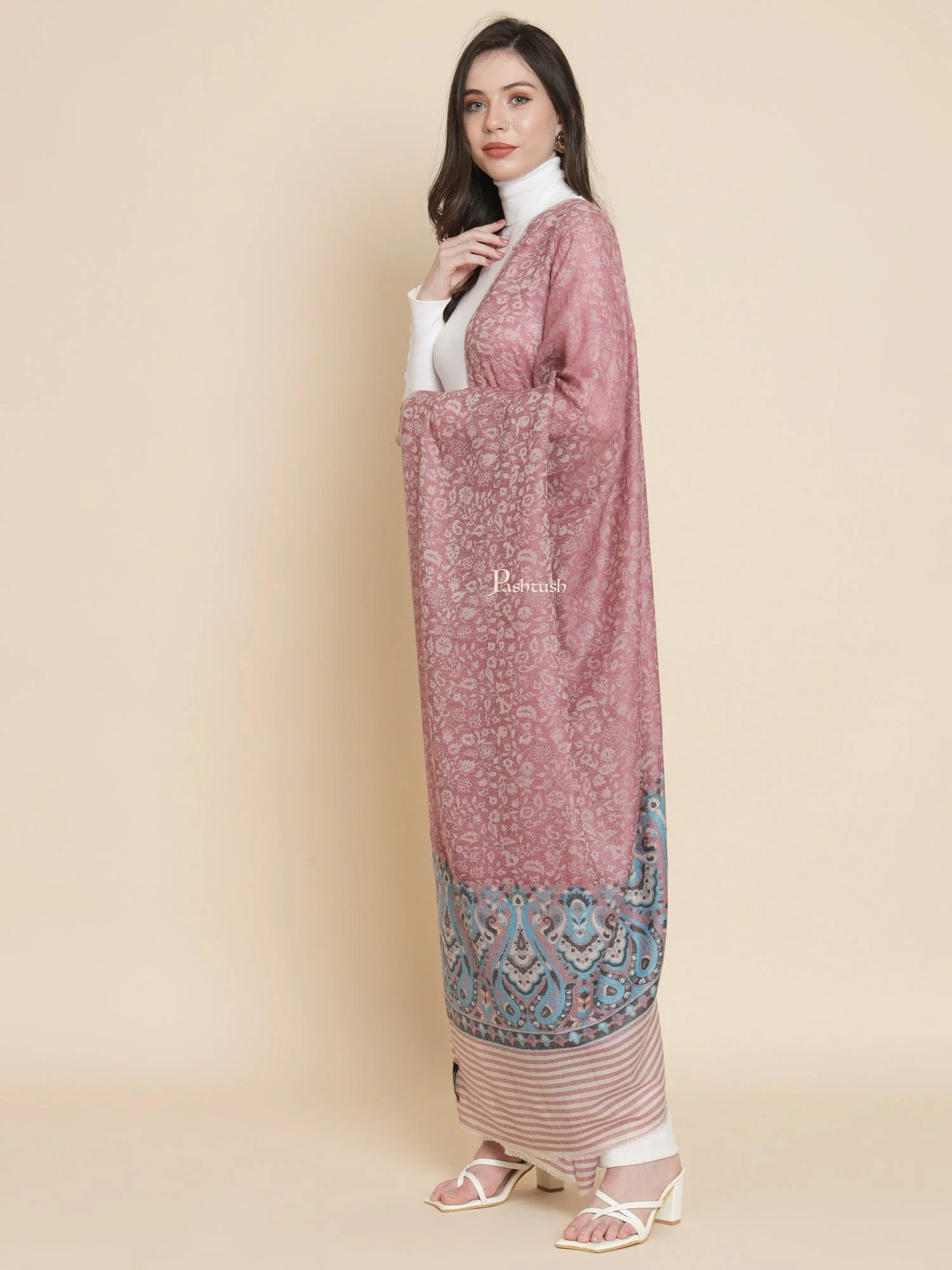 Pashtush Womens Extra Fine Wool Shawl, Paisley Weave Design, Peel Lilac - Image 3
