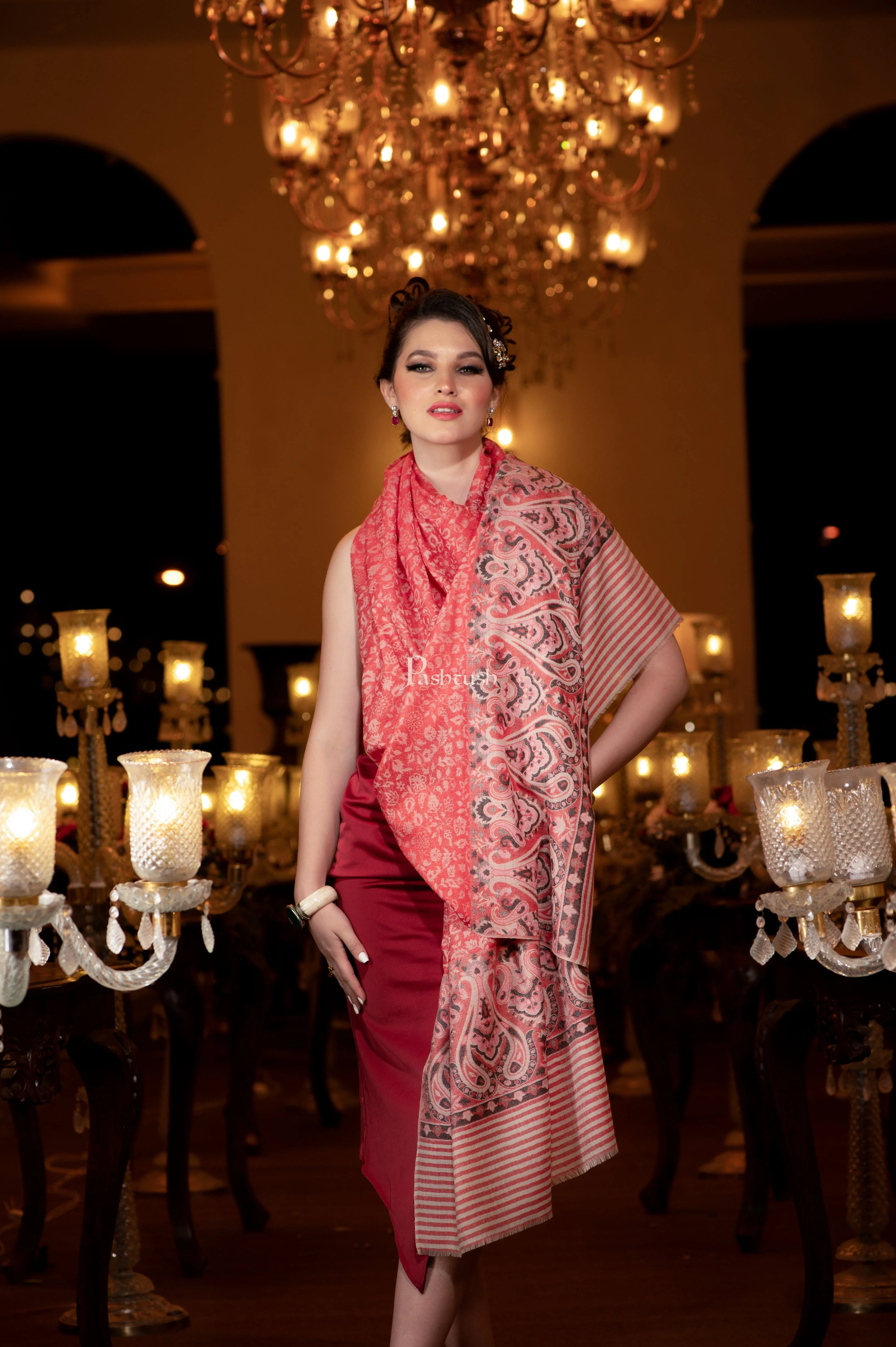 Pashtush Womens Extra Fine Wool Shawl, Paisley Weave Design, Red - Image 2