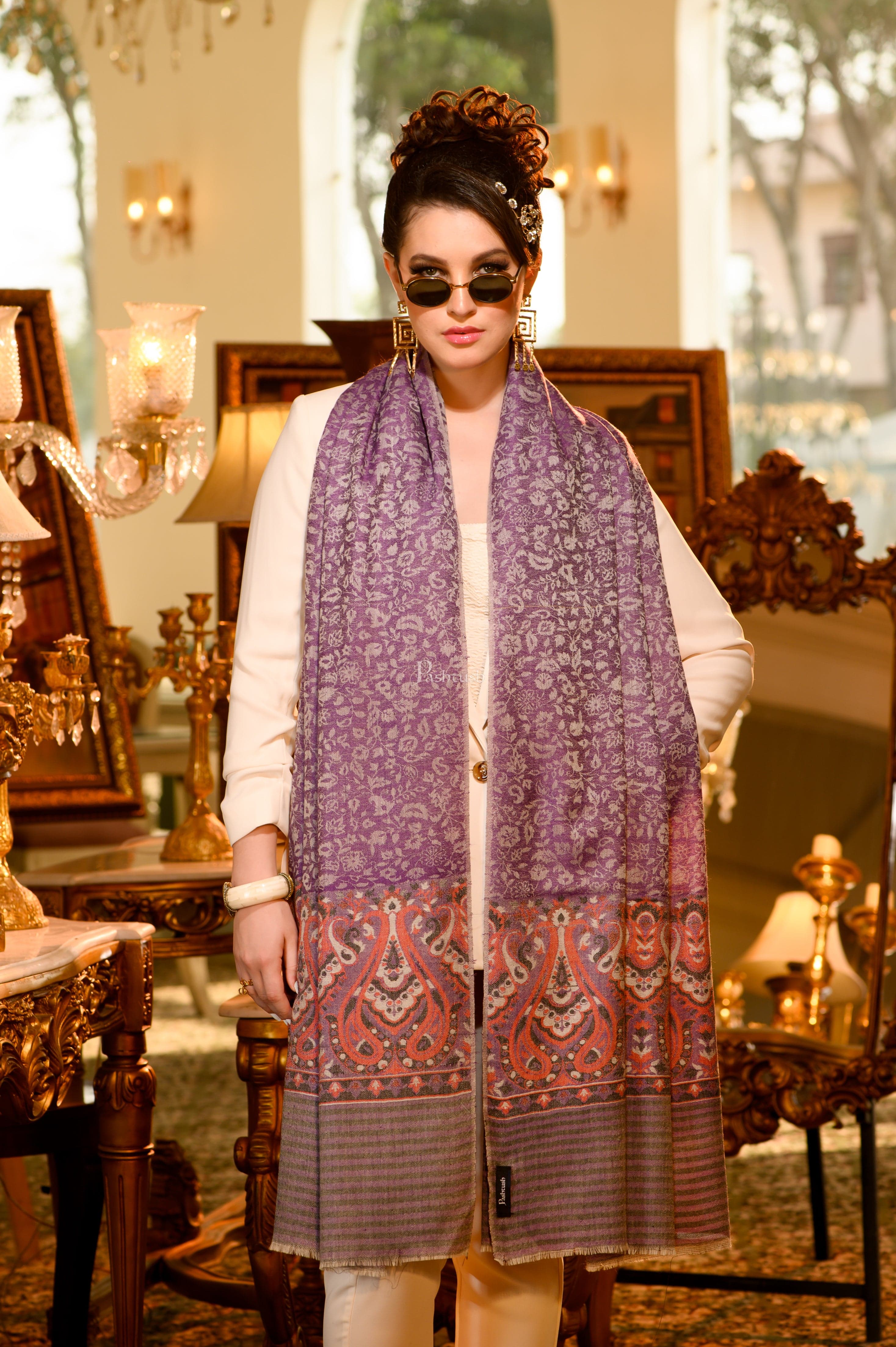 Pashtush Womens Extra Fine Wool Shawl, Paisley weave palla Design, Purple - Image 3