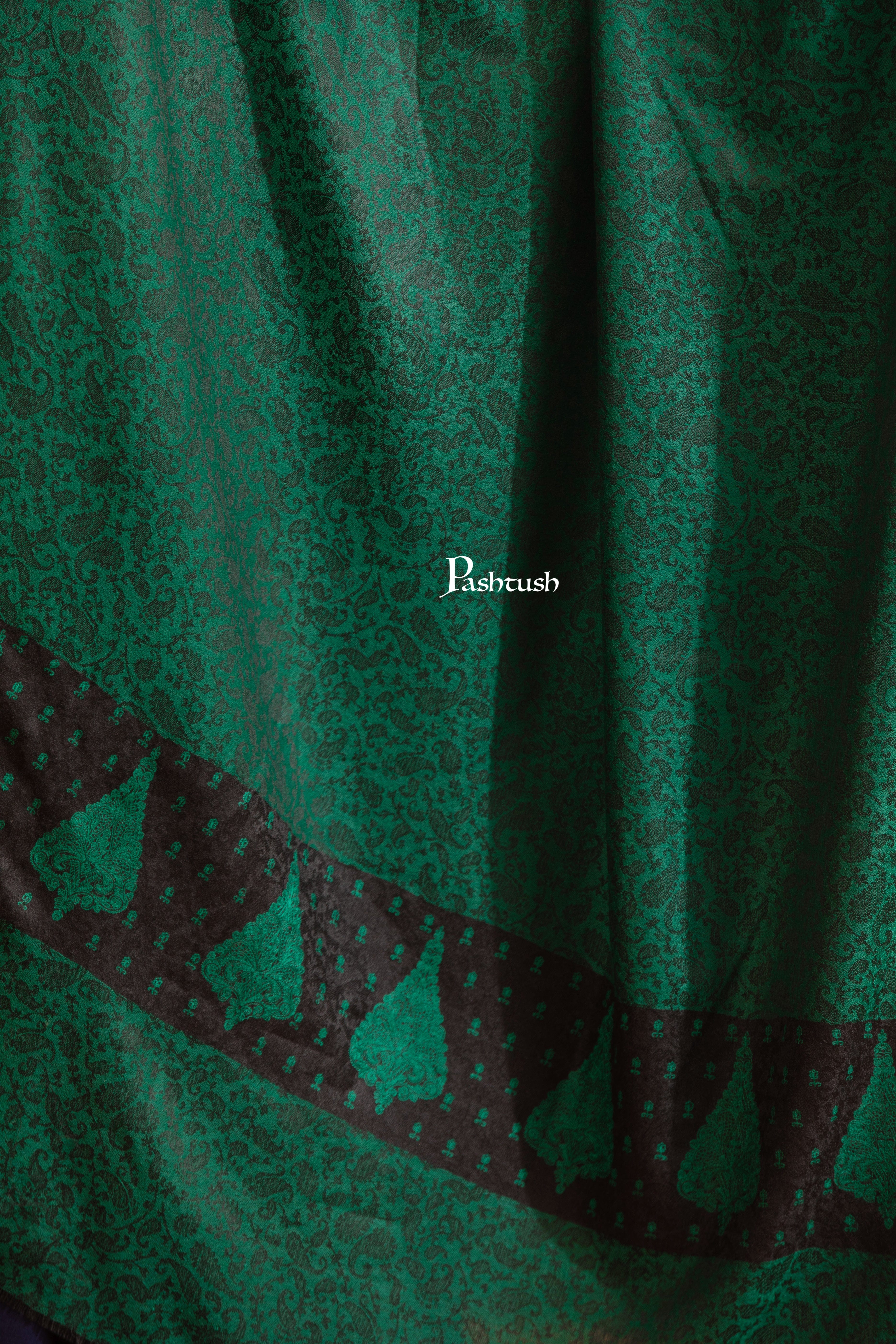 Pashtush Womens Extra Fine Wool Shawl, Pasiley Embroidery Palla Design, Green - Image 2